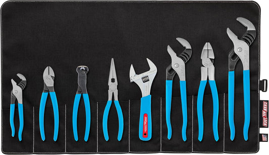 CHANNELLOCK TOOL ROLL-8 8-Piece Professional Tool Set with Tool Roll, Includes Straight Jaw Tongue & Groove, Linemen's, Cutting, and Long Nose Pliers, 1 Adjustable Wrench and Tool Roll