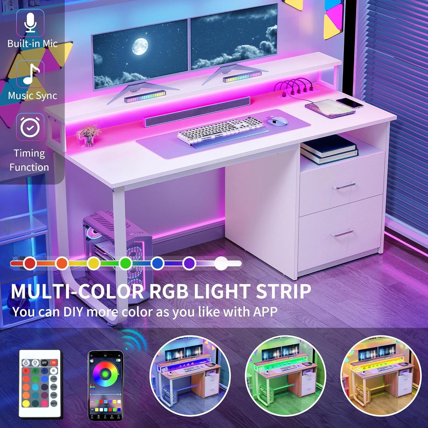 YITAHOME Computer Desk with Drawers, 55" Office Desk with Power Outlets & LED Light, Home Office Desk with Storage Shelves, White