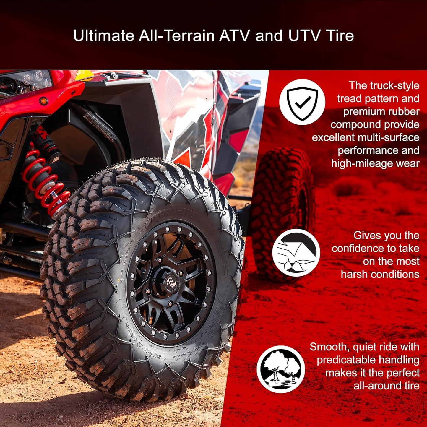 Tusk Terrabite Set of 4 UTV/ATV Tires – 29x9-14 Front & 29x11-14 Rear – 8-Ply Rated Radial Construction, ¾″ Deep Tread, Medium-Hard Terrain, High Load Capacity, Heavy Duty Sidewall Tread Armor