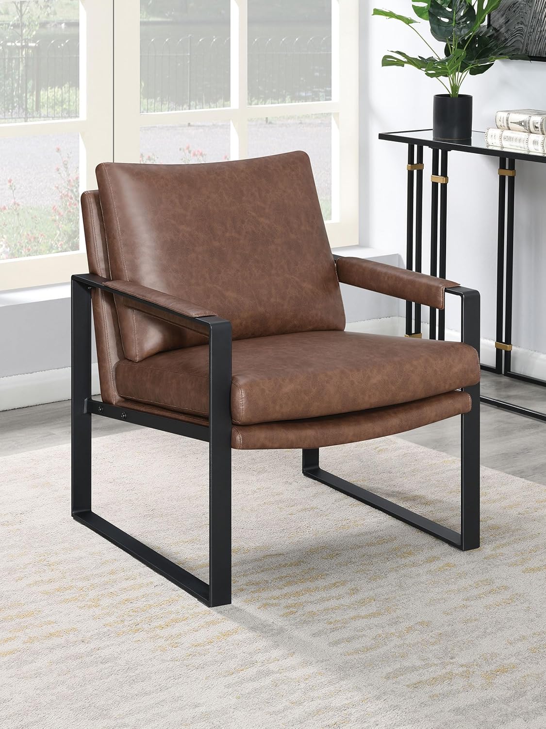 Coaster Home Furnishings - Rosalind - Faux Leather Upholstered Track Arm Accent Chair, Padded Armrests, Gunmetal Frame and Padded Seat - Living Room - Brown - 904112