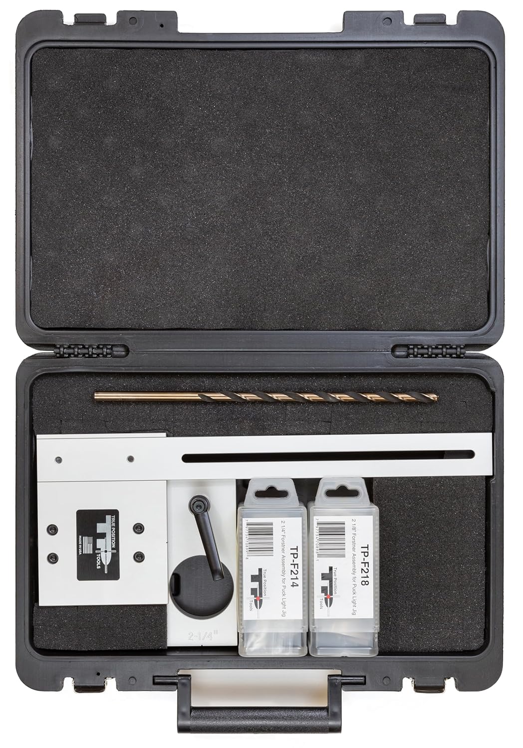 Cabinet Light Jig MAX, 2-1/8" and 2-1/4" Forstner Bits with Case - for LED Puck and Strips - Made in USA - True Position Tools