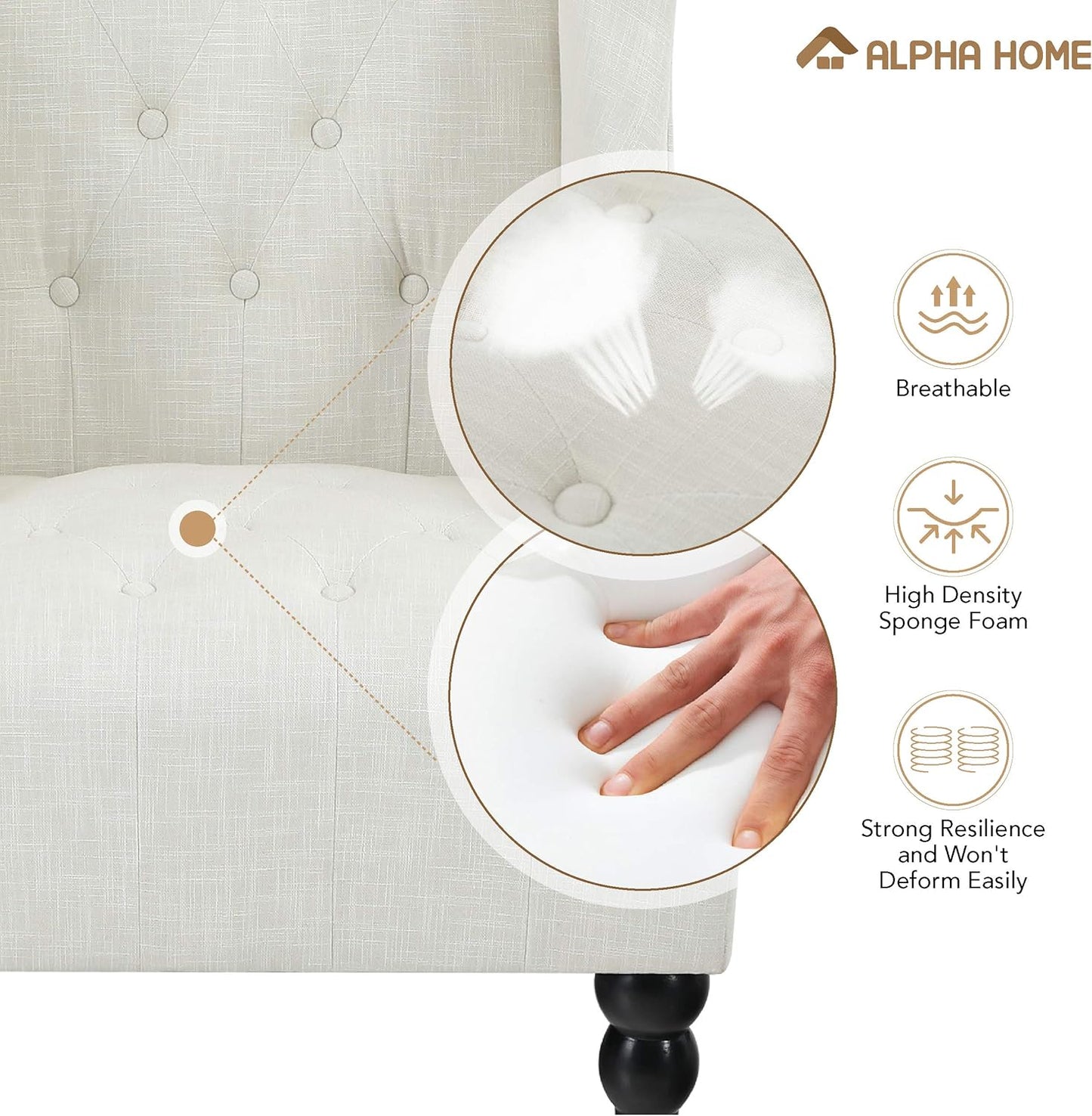 ALPHA HOME Accent Living Room Chair Wingback Armchair High Back Swoop Button-Tufted Club Reading Chair Mid-Century Retro Modern Home Theater Seating Linen Fabric Upholstered, Light Beige