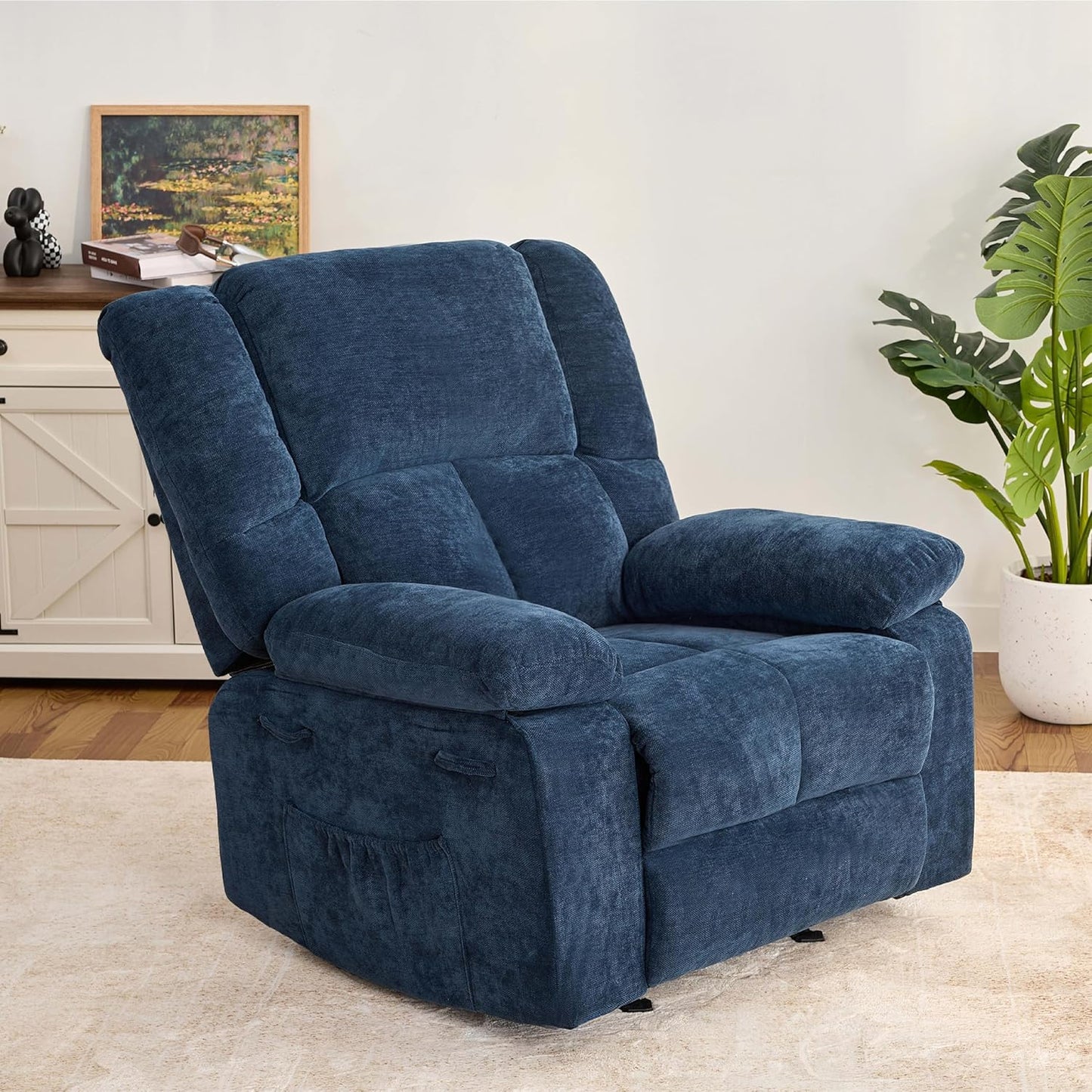 Velvet Rocker Recliner Chair for Adults, Rocker Recliner Nursing Single Sofa with Overstuffed Armrest and Backrest, Lazy Boy Recliner Chair with Side Pockets for Living Room, Medium, Blue