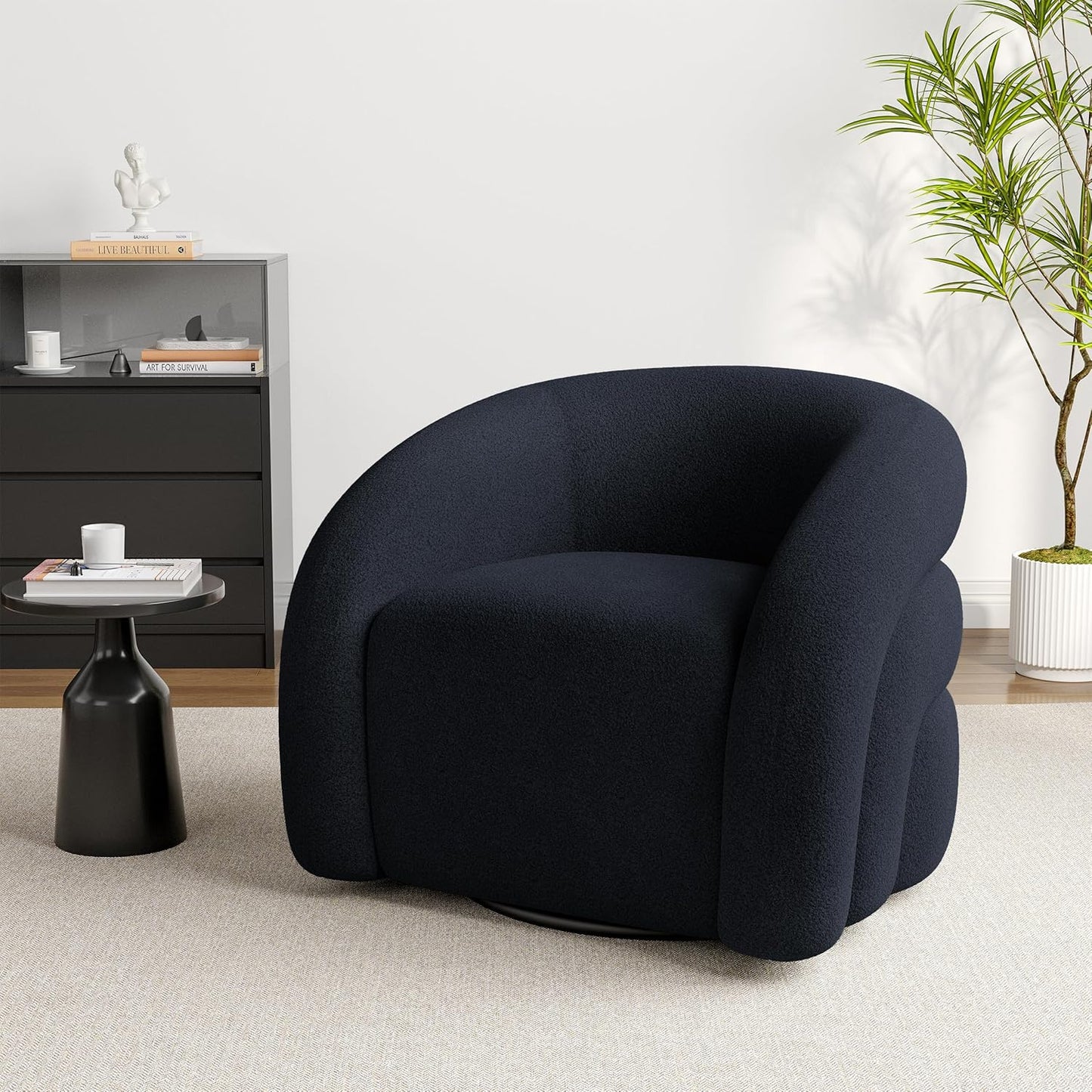 UIXE Swivel Barrel Accent Chair, Boucle Upholstered Arm Chair for Living Room, Modern Round Armchair Comfy Reading Sofa Seat with Solid Metal Base, Fully Assembled - Gray