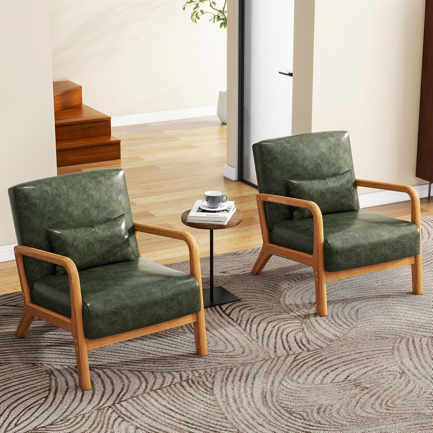 UIXE PU Leather Accent Chairs Set of 2, Upholstered Armchair for Living Room, Modern Arm Chair Comfy Single Sofa Bedroom Reading Seat with Lumbar Pillow - Hunter Green