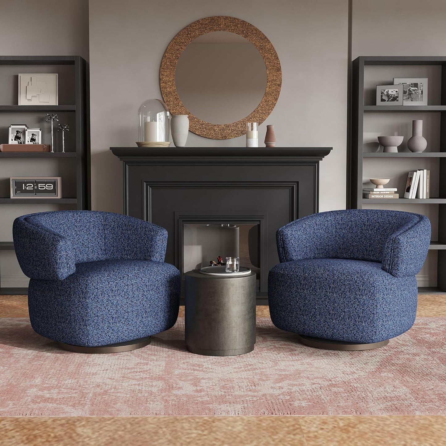 Swivel Accent Chair, Fully Assembled Round Barrel Chairs, Oversized Upholstered Armchair with 360-Degree Base, Modern Club Chair for Living Room, Bedroom, Office, Blue