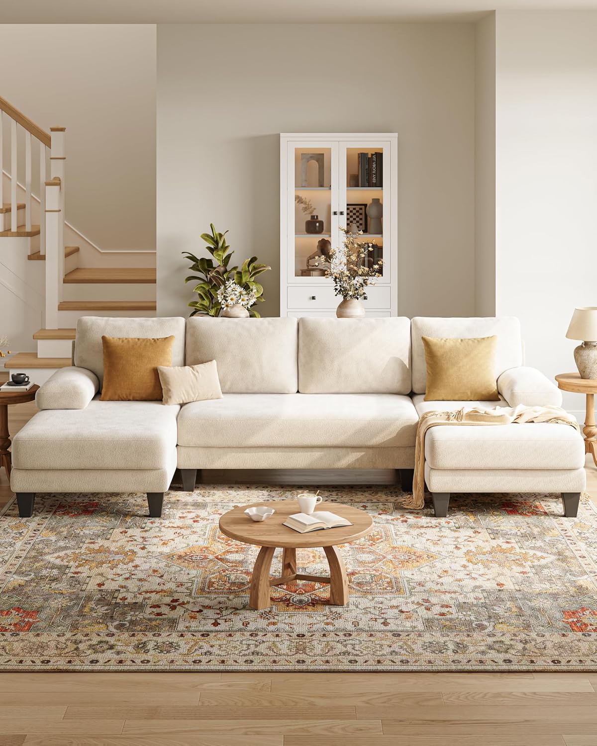 U-Shaped Sectional Couches for Living Room | 112 Inch Sectionals Couch | Beige Cheille Sofa with Double Chaise for Apartment