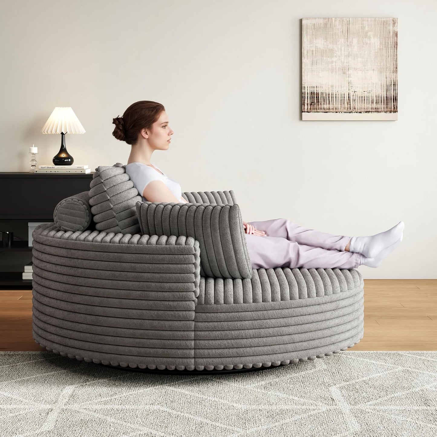 TTK 55” Oversized Corduroy Swivel Chair, Fluffy 360° Rotating Sleeper Armchair with Pillows & Headrest, Full Foam Barrel Chair for Living Room, Bedroom, Reading Nook, Lounge or Apartment,Gray