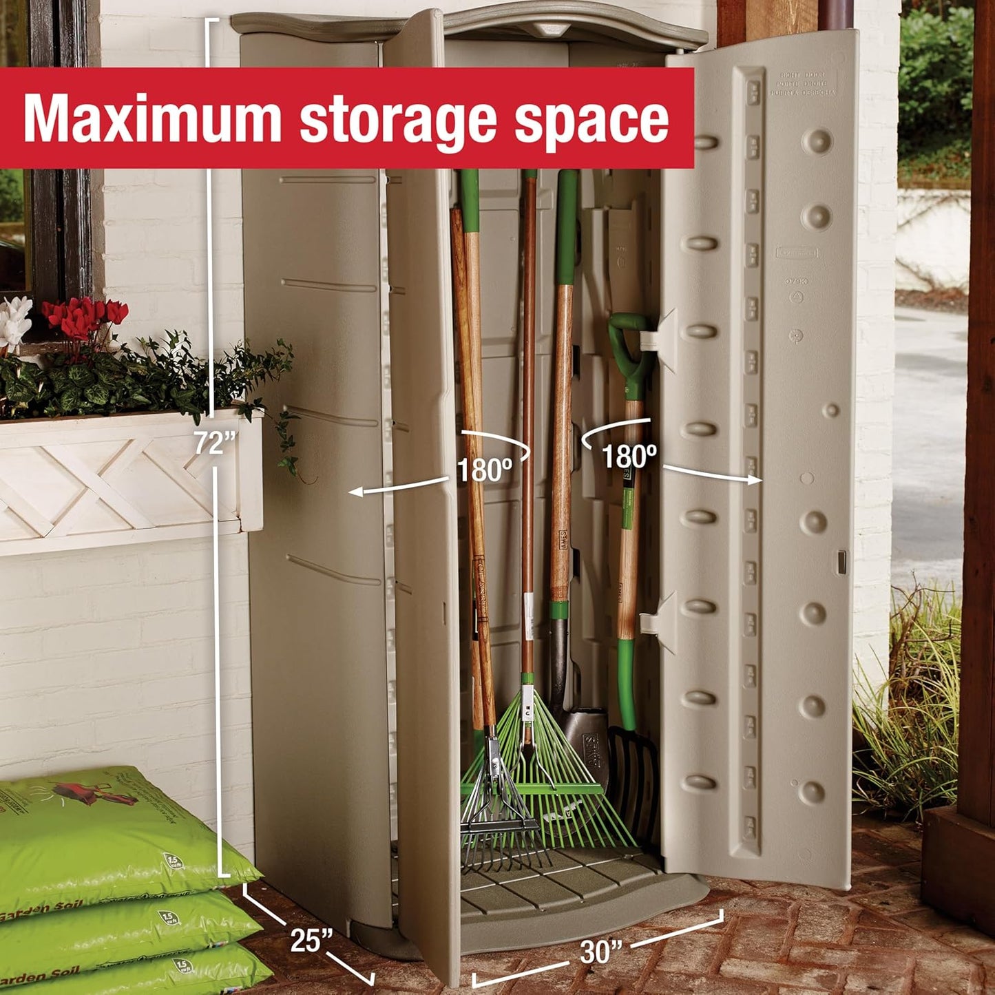 Rubbermaid Compact Vertical Resin Storage Shed With Floor (2 x 2.5 Ft), Weather Resistant, Beige/Brown, Organization for Home/Backyard/Garden Tools/Porch/Patio Cushions/Pool Chemicals/Toys