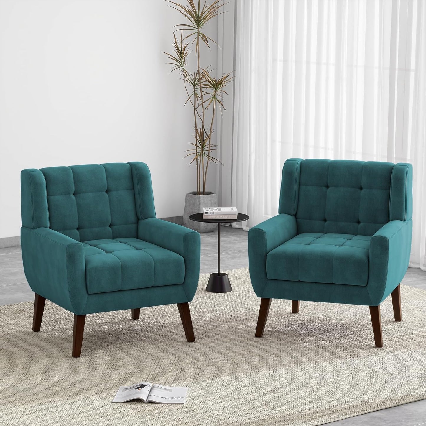 UIXE Accent Chairs Set of 2, Modern Upholstered Arm Chair in Fabric for Living Room, Comfy Armchair Single Sofa Seat with Solid Wooden Legs (Green)