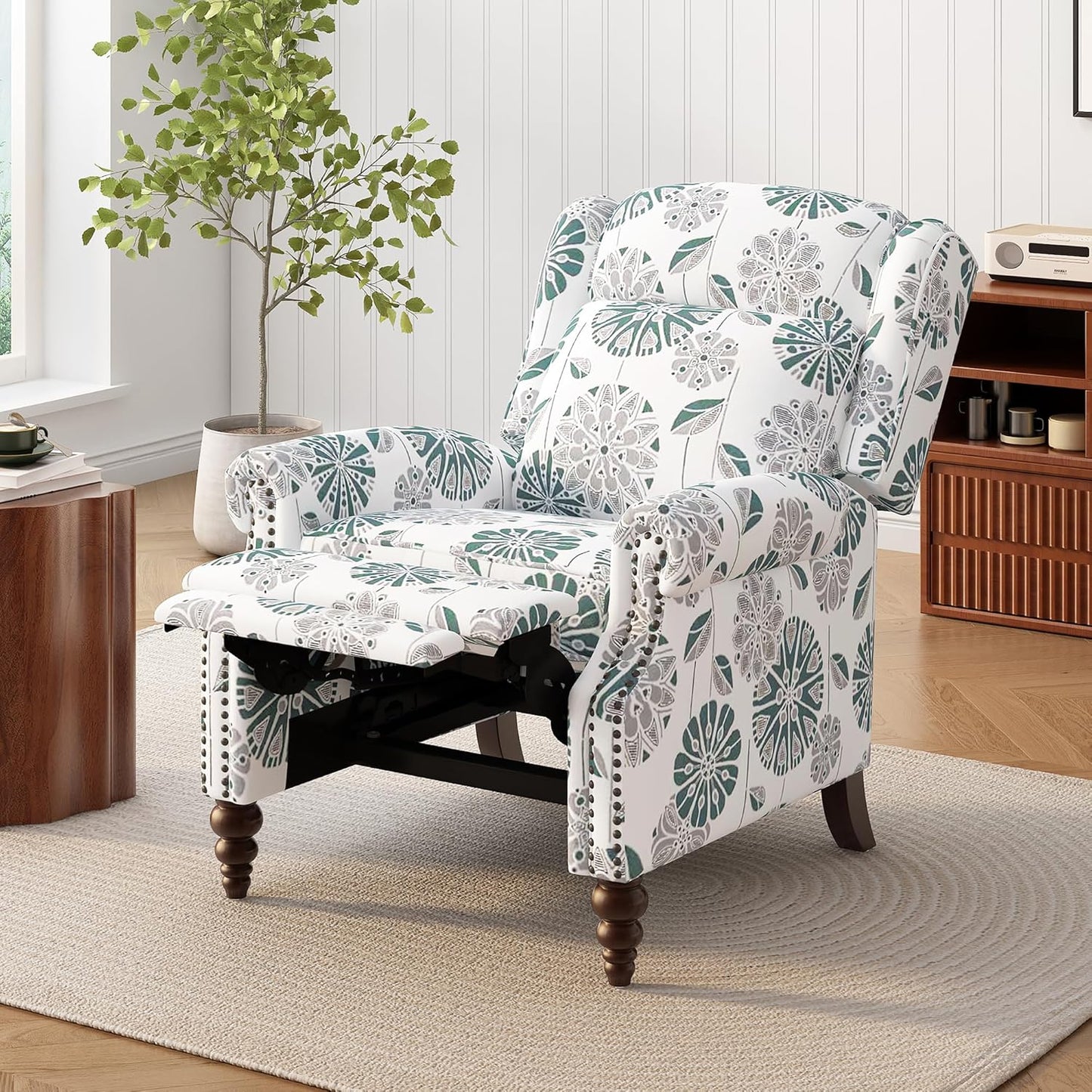 Christopher Knight Home 29.75" Push Back Recliner Chair,Upholstered Recliner Armchair with Classic Wing Back and Solid Gourd-Shaped Wooden Legs, White&Blue