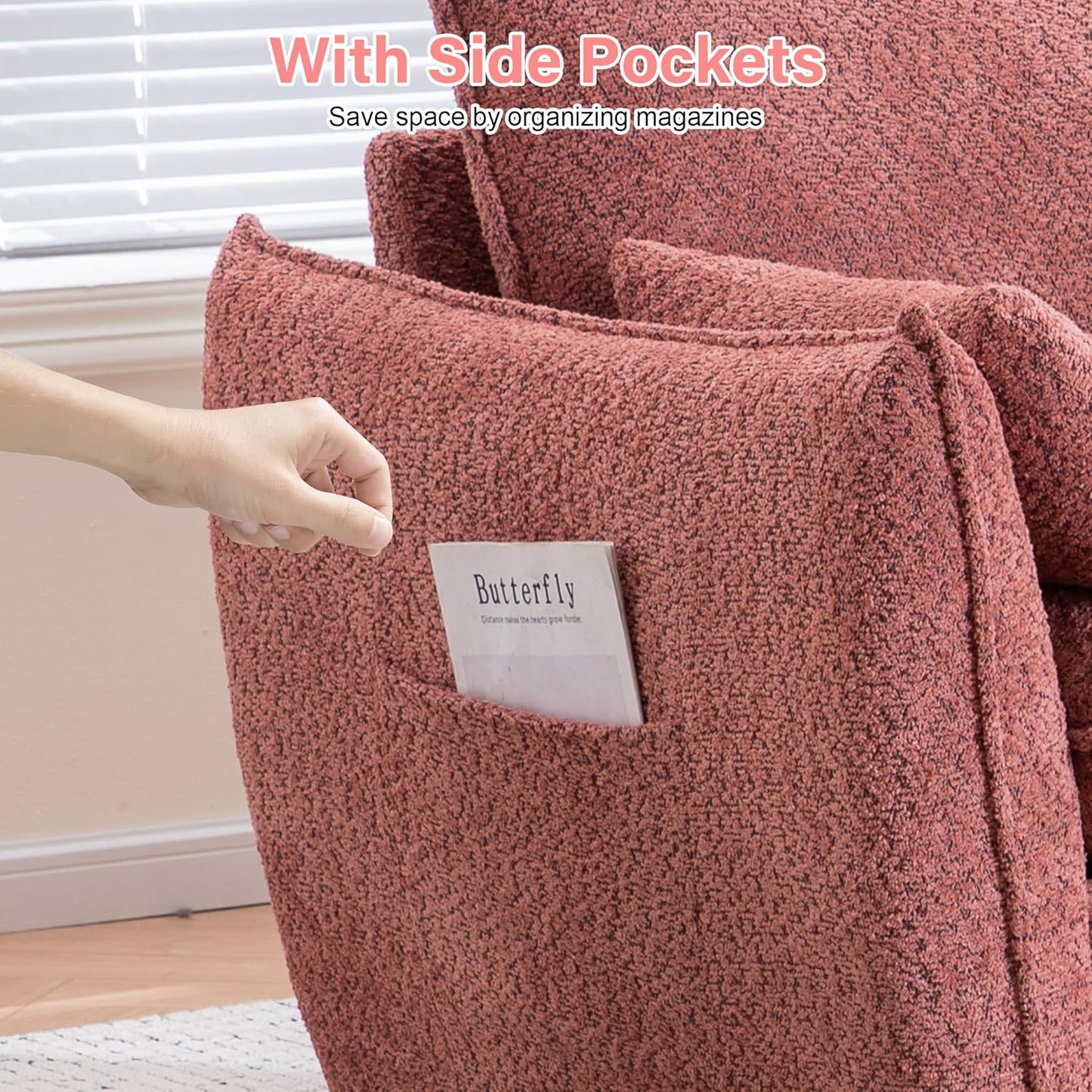 35.82" Upholstered Oversized Accent Chair Wide with Pillows, Chenille Deep Seat Reading Oversized Armchair Modern Comfy, for Living Room,Bedroom,Apartment,Office (Pink)