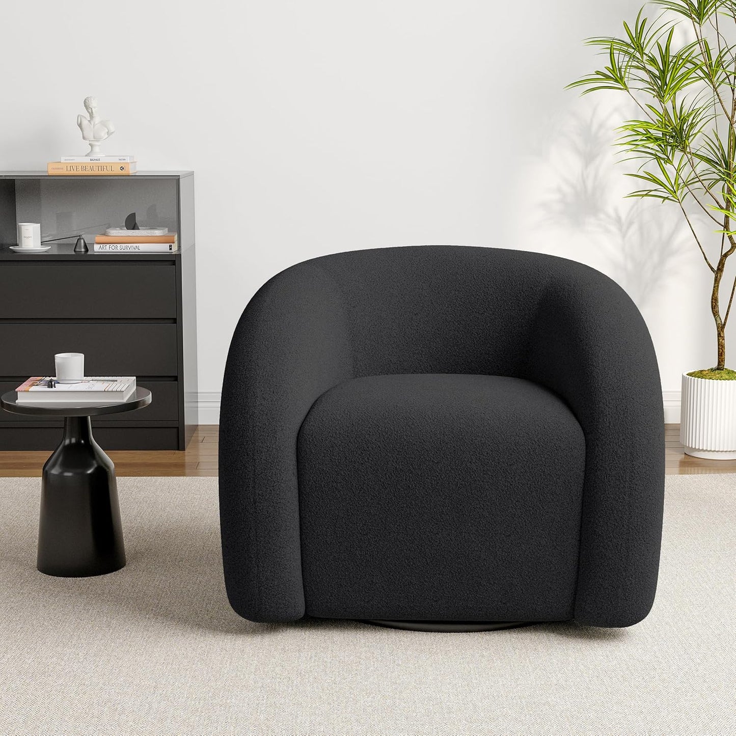 UIXE Swivel Barrel Accent Chair, Boucle Upholstered Arm Chair for Living Room, Modern Round Armchair Comfy Reading Sofa Seat with Solid Metal Base, Fully Assembled - Gray