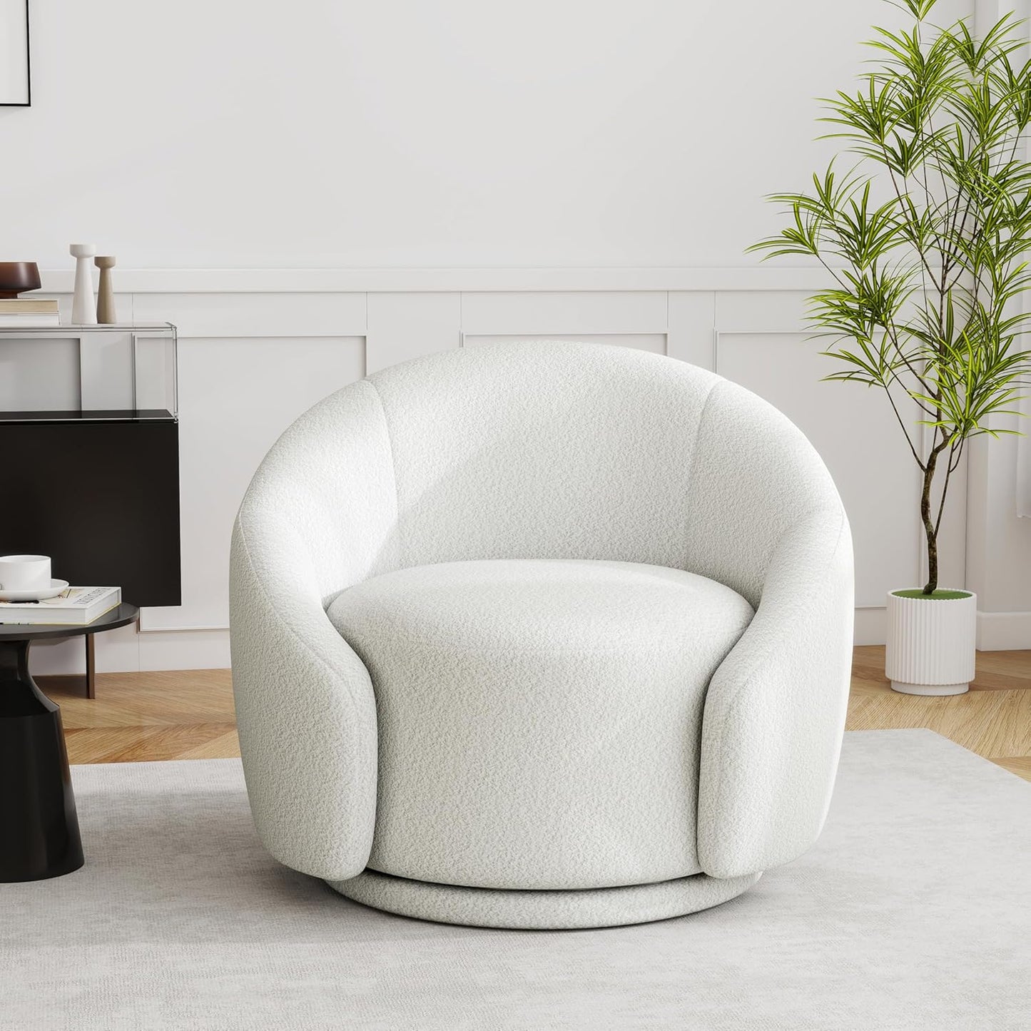 UIXE Swivel Accent Chair, Boucle Barrel Chair Upholstered Arm Chair for Living Room, Modern Round Club Chair with Turntable Base - White, Set of 1