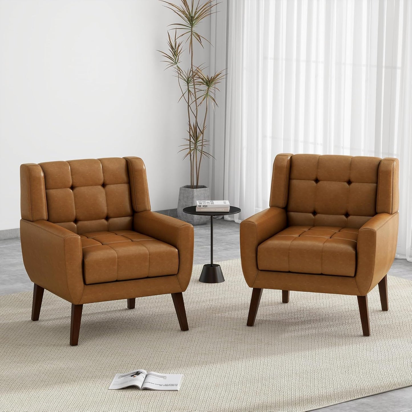 UIXE Accent Chairs Set of 2, Modern Upholstered Arm Chair in Fabric for Living Room, Comfy Armchair Single Sofa Seat with Solid Wooden Legs (Green)