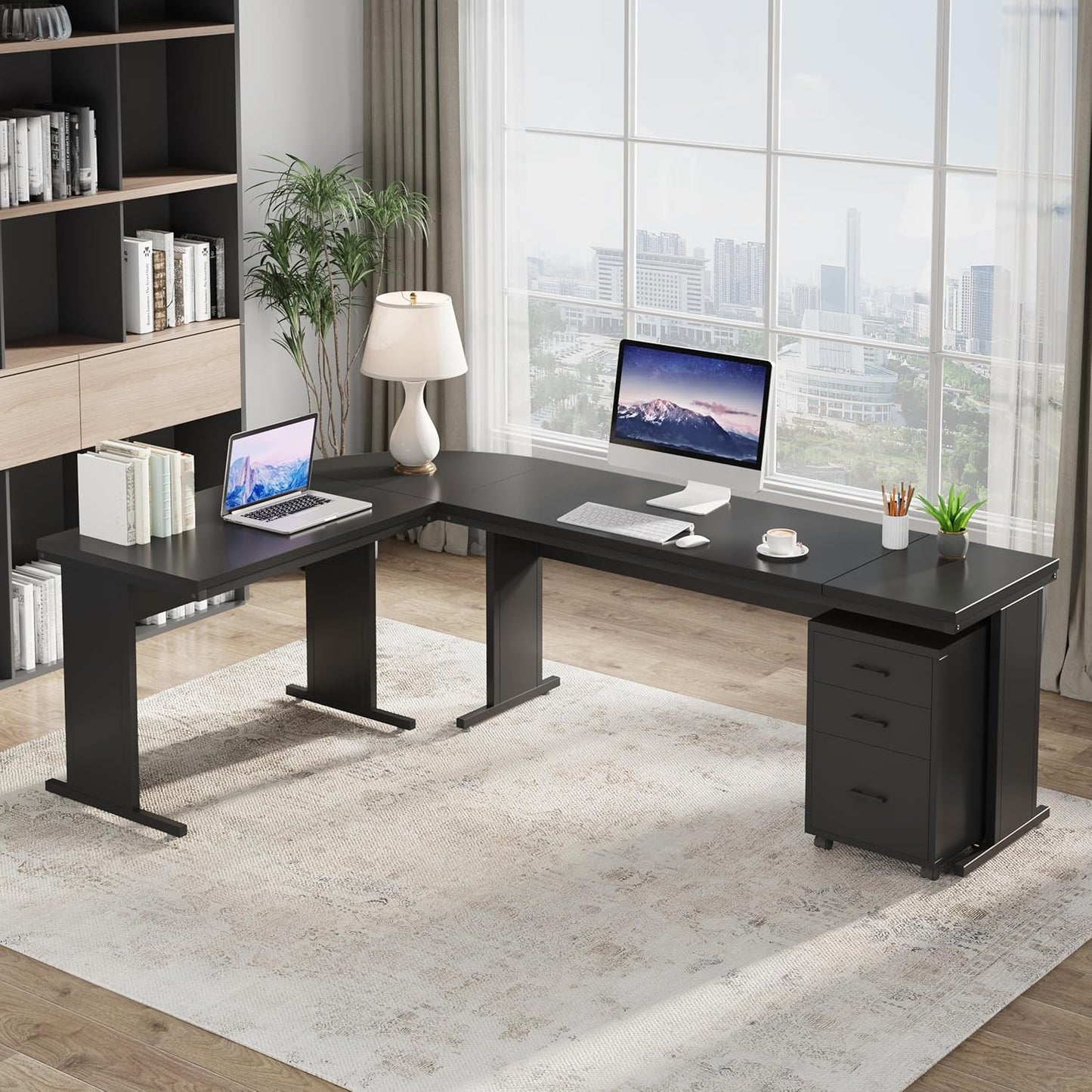 Tribesigns 83" L-Shaped Desk with Drawers and Storage, Reversible Large Executive Office Desk with Rolling File Cabinet, Modern Corner Computer Desk Business Workstation for Home Office, Black
