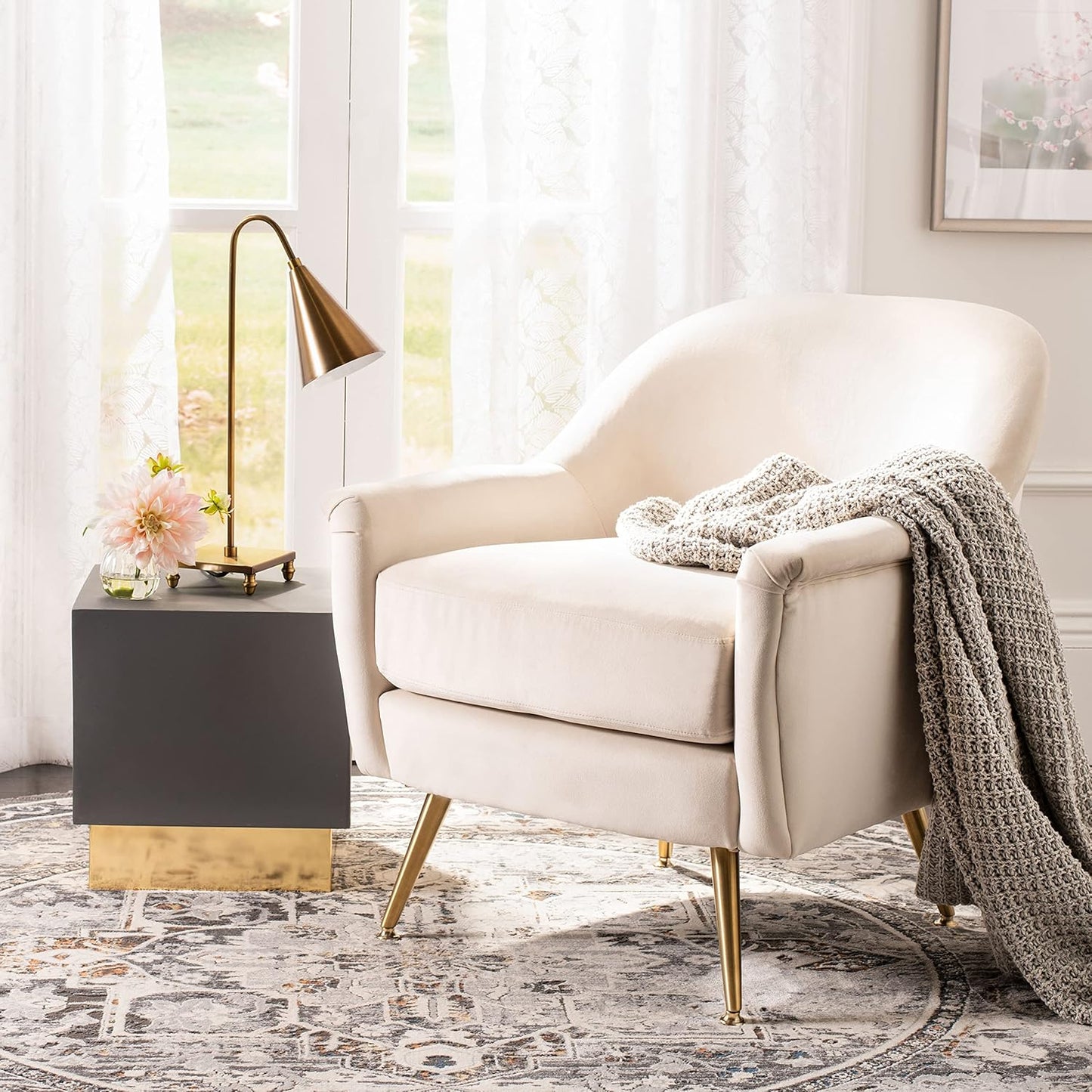 Safavieh Home Brienne Retro Glam Ivory Velvet and Brass Arm Chair