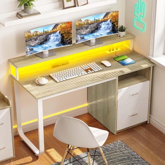 YITAHOME Computer Desk with Drawers, 47.2" Office Desk with Power Outlets & LED Light, Home Office Desk with Storage Shelves, White & Oak