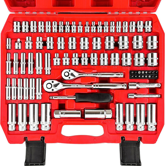 WETT 1/4" and 3/8" Drive Socket Set, 86-Piece Socket Wrench Set with Quick-Release Ratchet, Extention Bar, Adapter, 1/4" Bits, CR-V Steel, Metric/SAE, Deep/Shallow, Mirror Chrome Finish