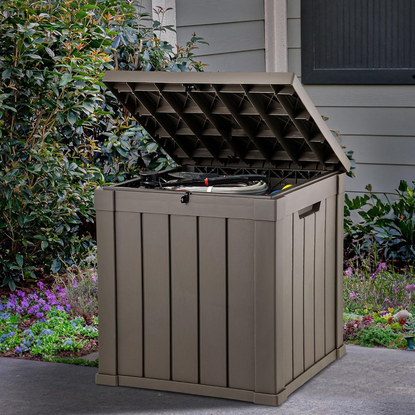 YITAHOME 120 Gallon Large Outdoor Storage Box with X-Shaped Front, Waterproof Resin Deck Box Cushion Storage Bench for Patio, Pool Supplies, Garden Tools - Lockable, Black