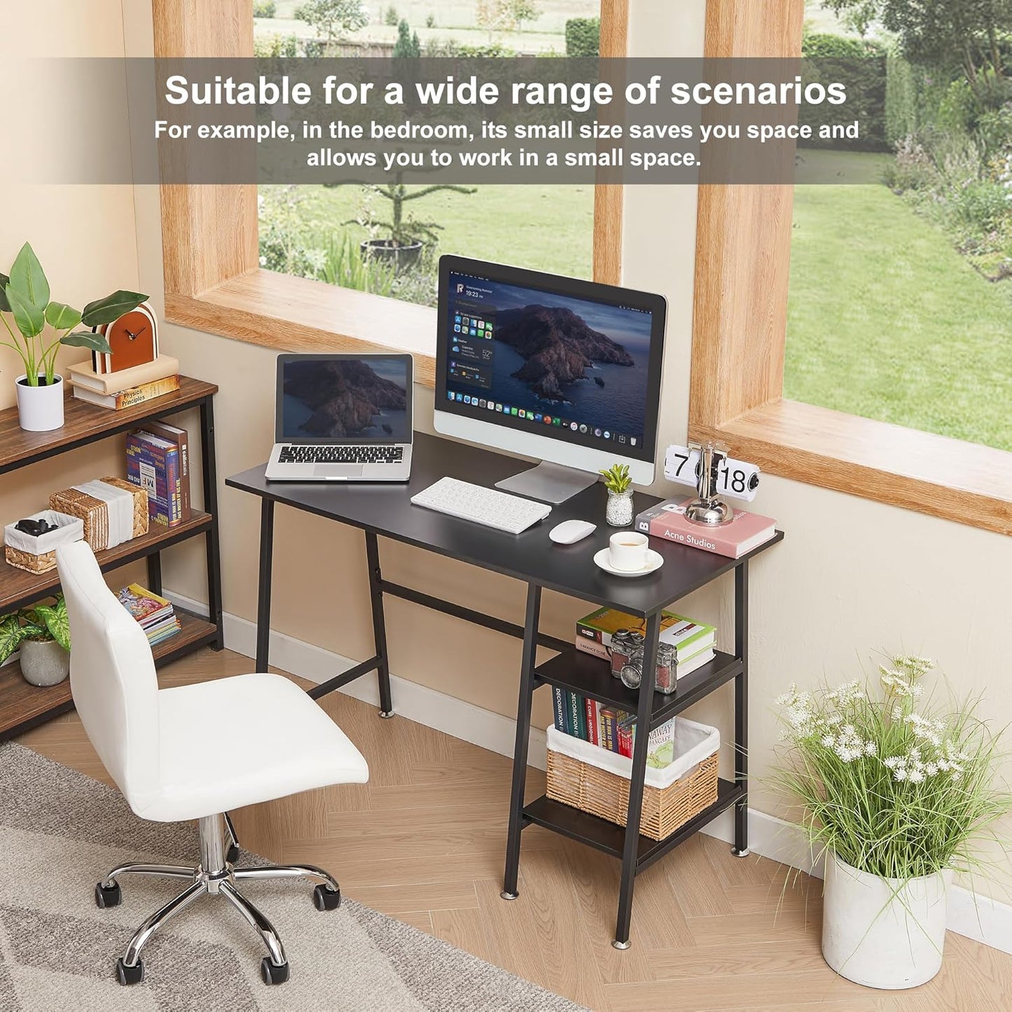 VECELO 43.1 Inch Computer Desk Home Office Black Study Desk Work Office Table with Shelves Wooden Desk for Bedroom