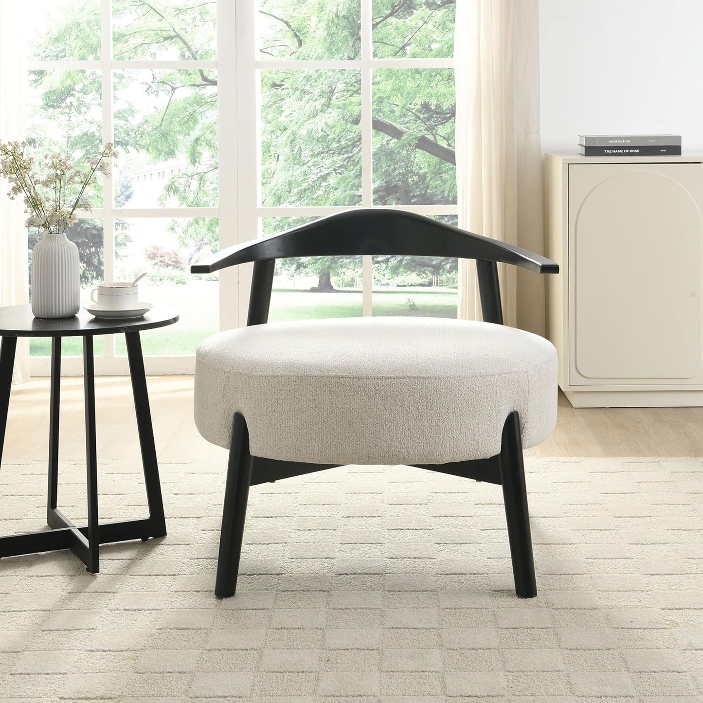 Christopher Knight Home Ipomoea Low Back Accent Chair, Living Room Lounge Chair, Comfy Chair for Bedroom, Wooden Side Chair with Armrest, Reading Chair with Soft Fabric Cushion, Beige+Black