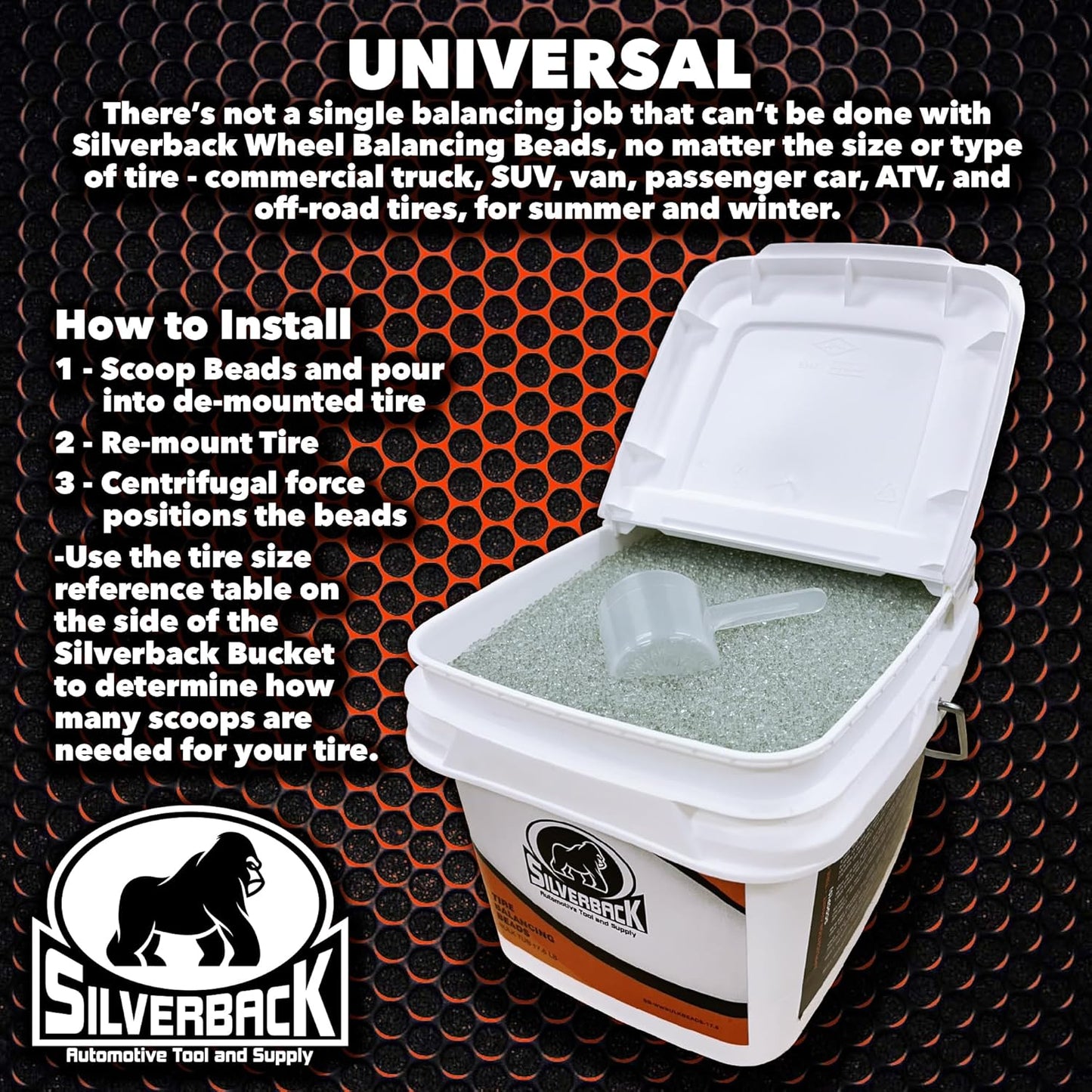 Silverback Automotive Tire Balancing Beads, Tempered Glass, Bulk Tub 17.6 lb. with Scoop for Truck, Van, RV, and Off-Road Tires. Perfect for Tire Dealers, Farm & Fleet, State, City and Municipalities.
