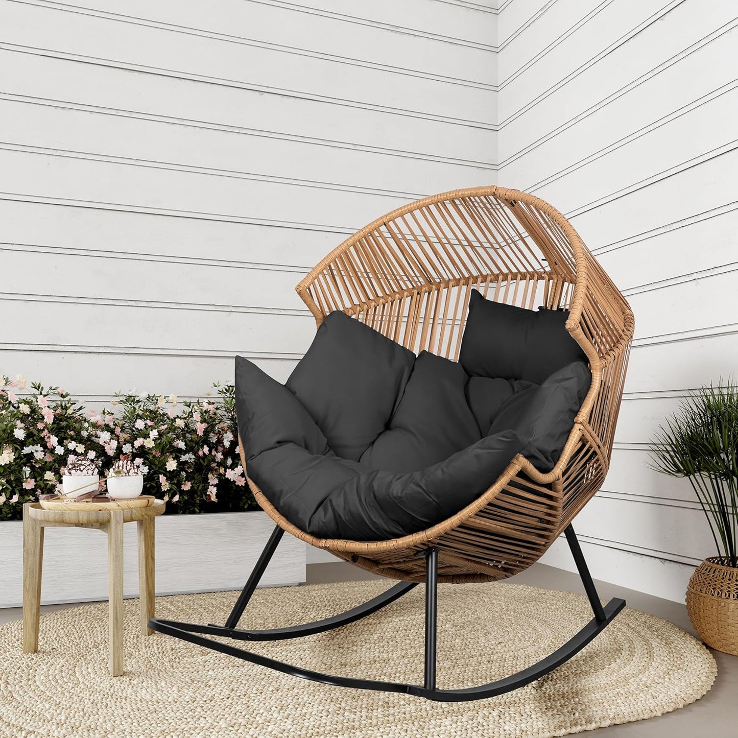 Shintenchi Wicker Egg Chair Outdoor Rattan Patio Chair with Cushion,Oversized Patio Lounge Chairs with Cushion Egg Basket Chair, Egg Seat for Indoor Living Room Bedroom Outside Patio Backyard Balcony