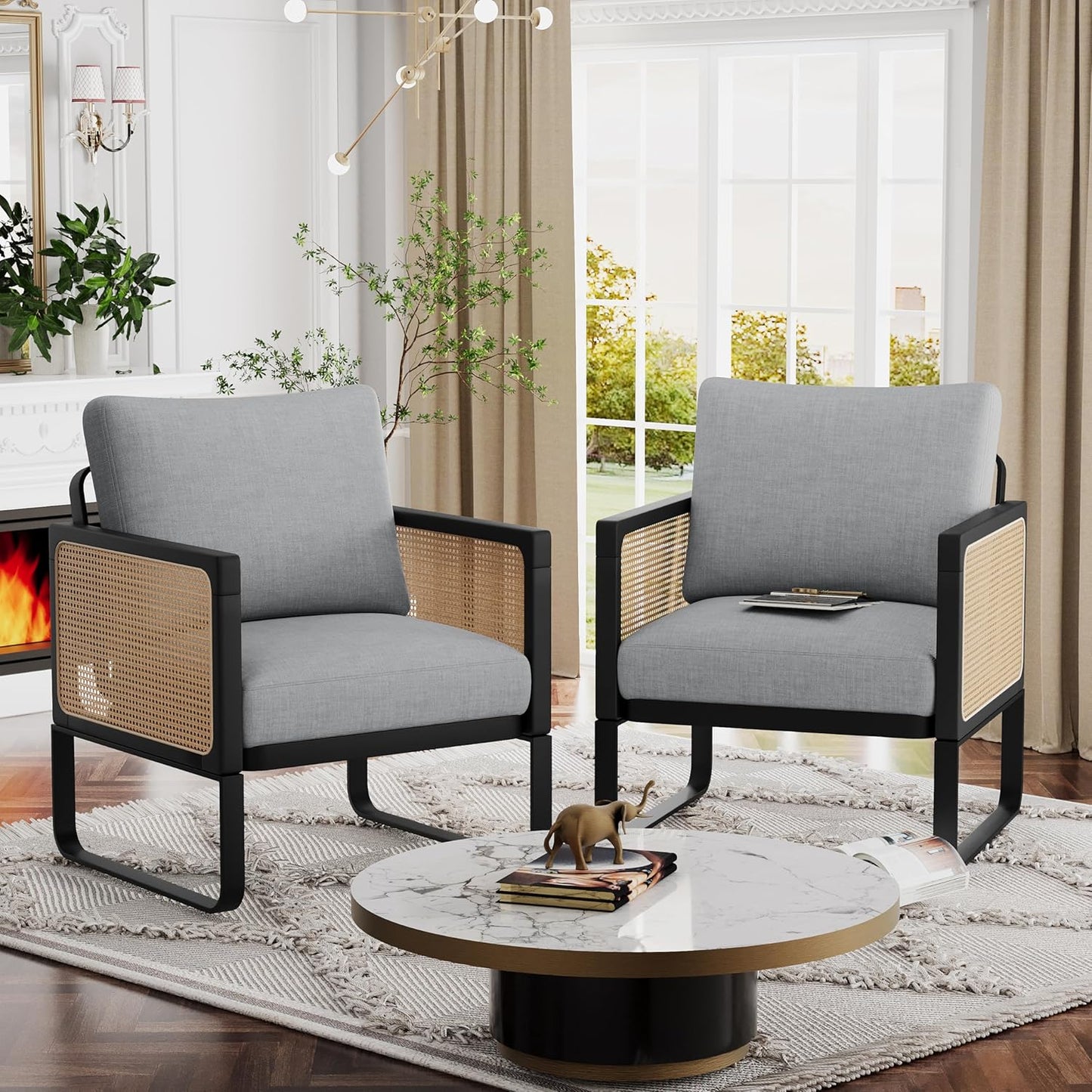 WENTMENT Rattan Accent Chairs Set of 2 Sofa Chair with Natural Rattan Armrest and Removable Backrest, Upholstered Living Room Chair Lounge Chair for Reception Room/Hosting Room/Bedroom(Grey)