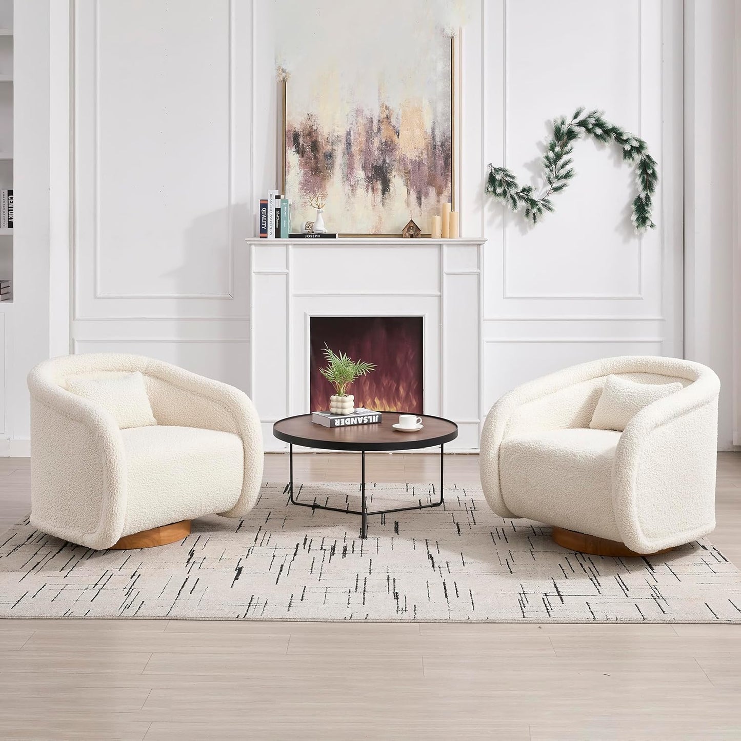 360 Degree Swivel Barrel Chair, Comfy Upholstered Accent Chair Modern Teddy Fabric Swivel Chair Pumpkin-Shaped Arm Chair for Living Room Bedroom Apartment Office （White）
