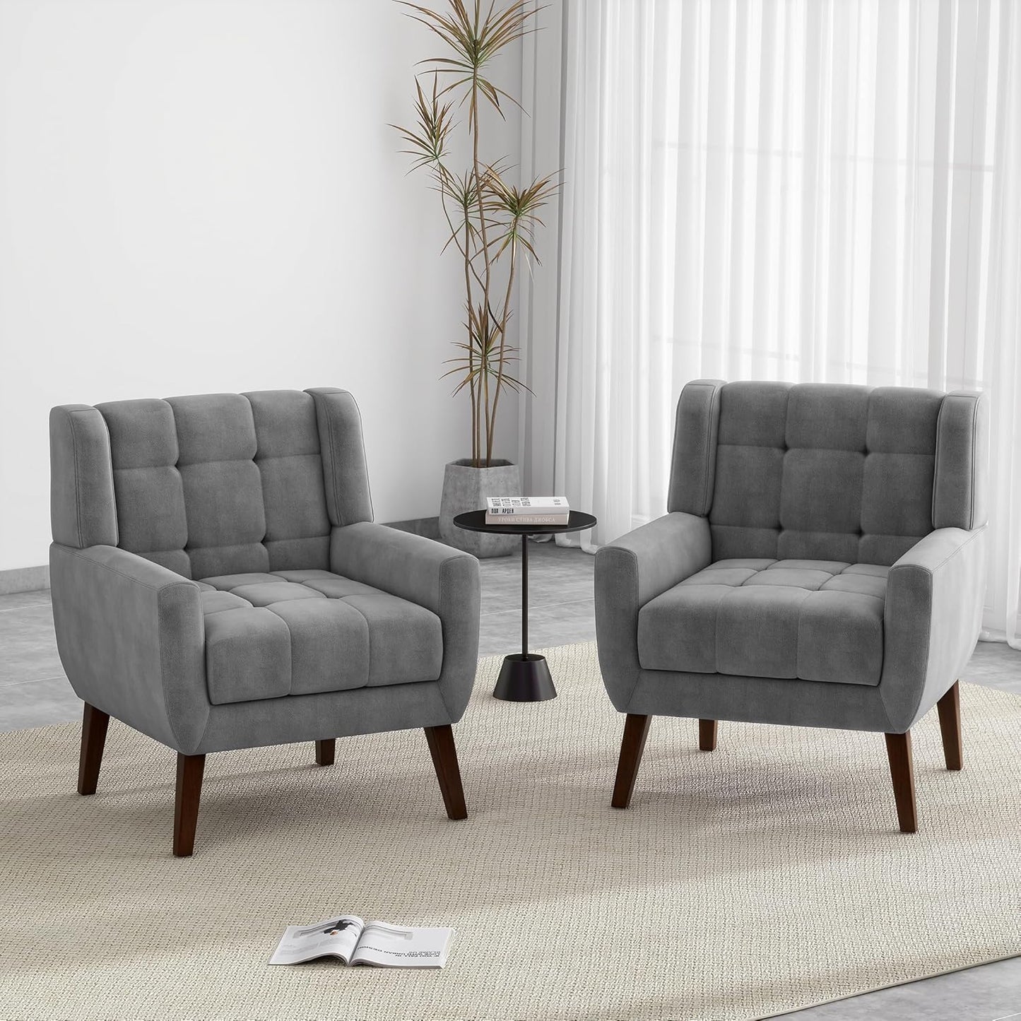 UIXE Accent Chairs Set of 2, Modern Upholstered Arm Chair in Fabric for Living Room, Comfy Armchair Single Sofa Seat with Solid Wooden Legs (Green)