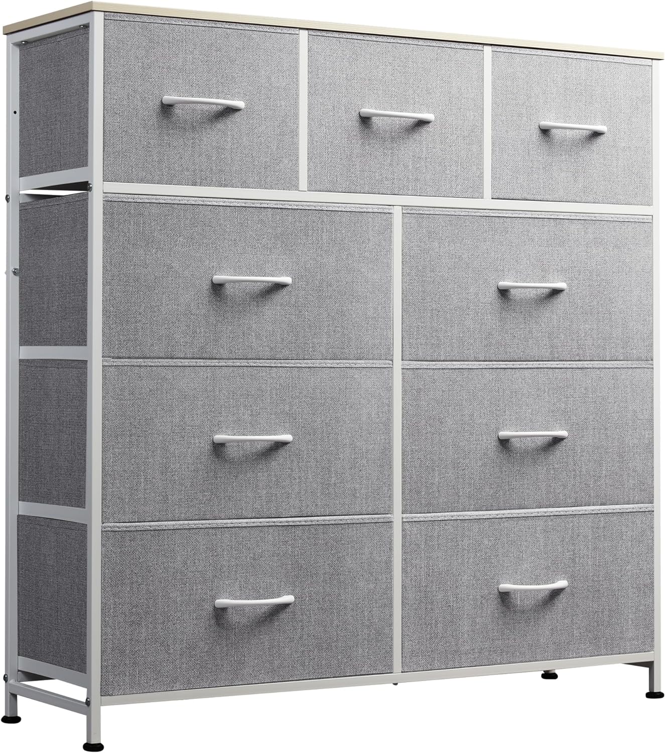 WLIVE 9-Drawer Dresser, Fabric Storage Tower for Bedroom, Hallway, Entryway, Closet, Tall Chest Organizer Unit with Fabric Bins, Steel Frame, Wood Top, Easy Pull Handle, Rustic Brown Wood Grain Print