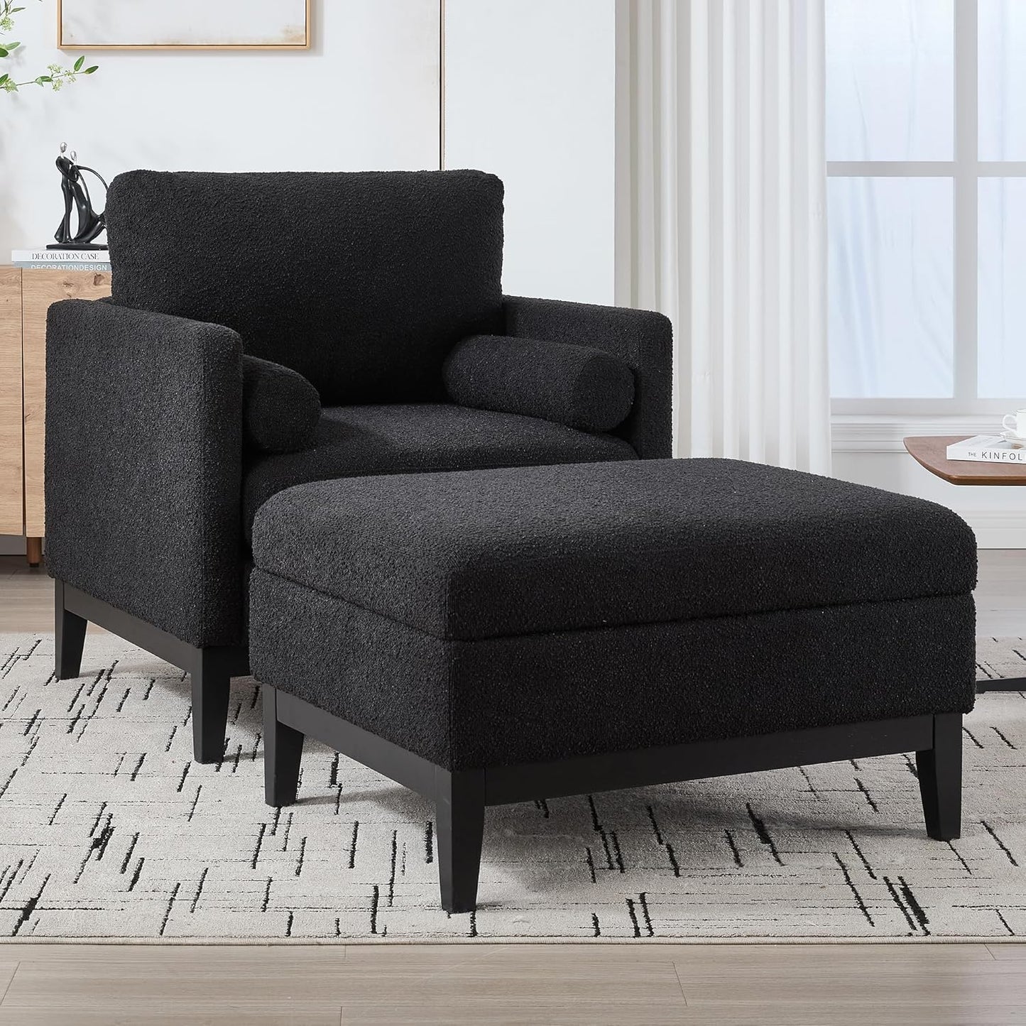 Yowan&Sillan 35.4" Wide Large Armchair Oversized Accent Chair,Modern Boucle Comfy Living Room Bedroom Reading Chairs Single Sofa,Black Wood Leg,Chairs for Lounge,Study,Office,Reception,Black