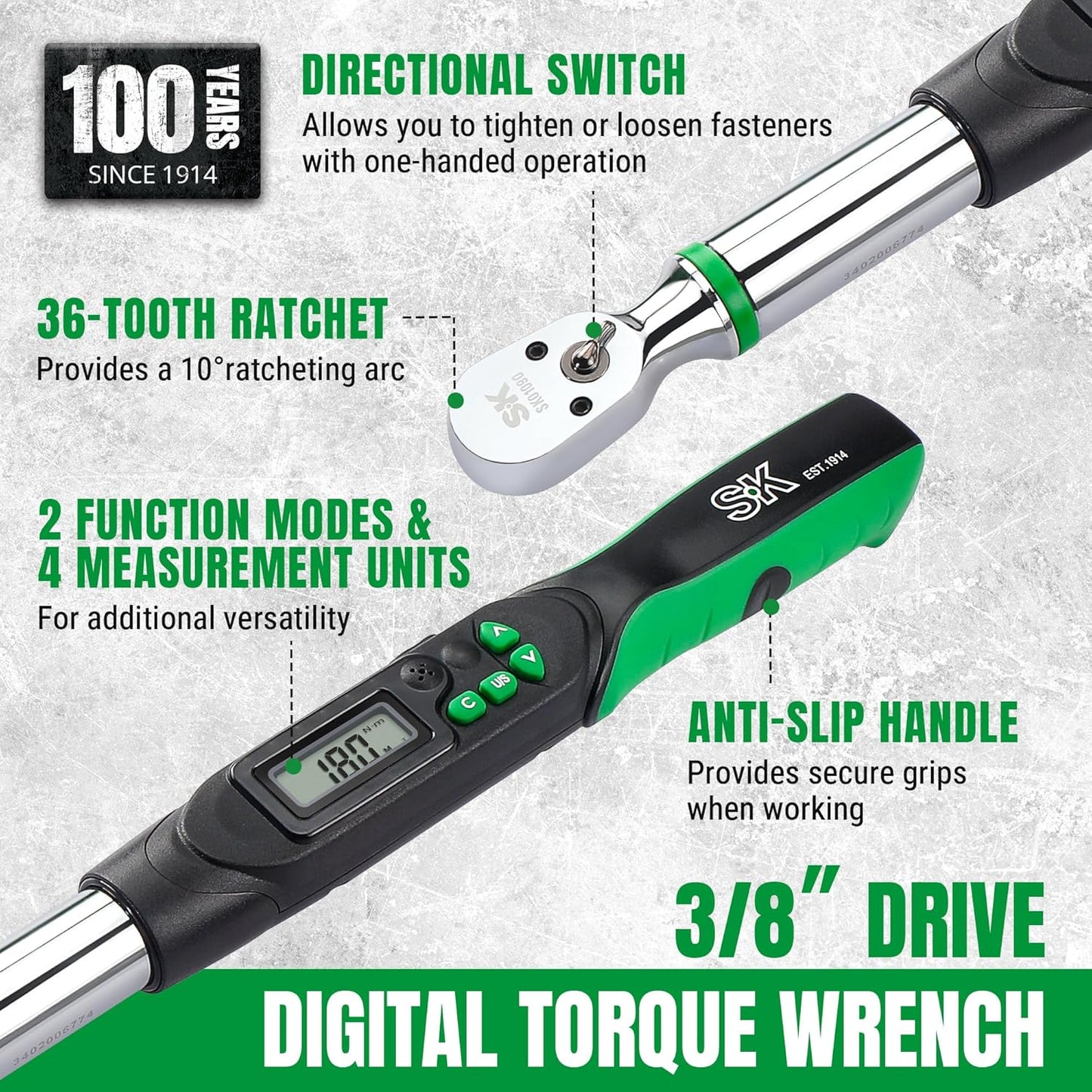 SK 3/8" Drive Digital Torque Wrench, 6.8 to 135 N-M, LED Display, Four Units of Measure & Flash Notification