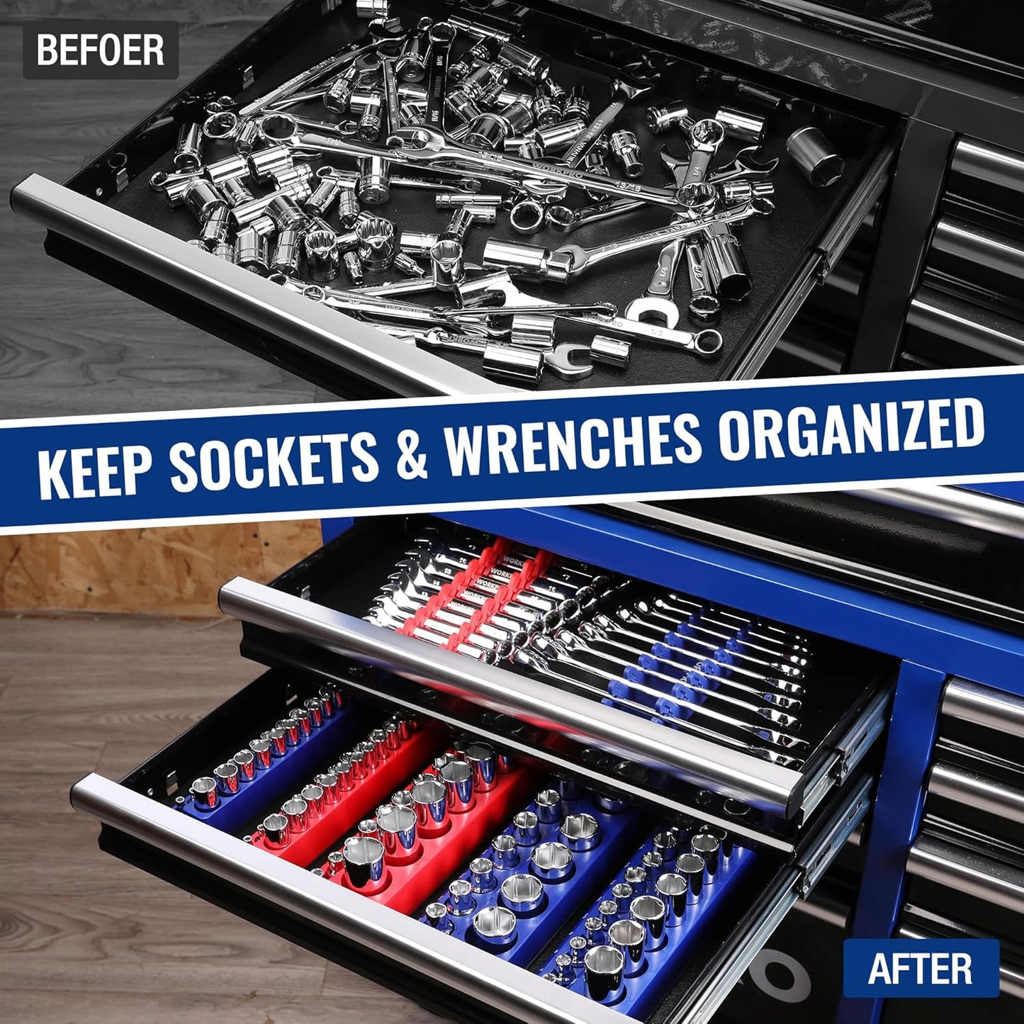 WORKPRO 8-Piece Magnetic Socket Organizer and Magnetic Wrench Organizer Set, Socket Holder Set 1/4", 3/8", 1/2" Drive Metric SAE Socket Storage, Metric SAE Wrench Holder(Socket, Wrench not Included)