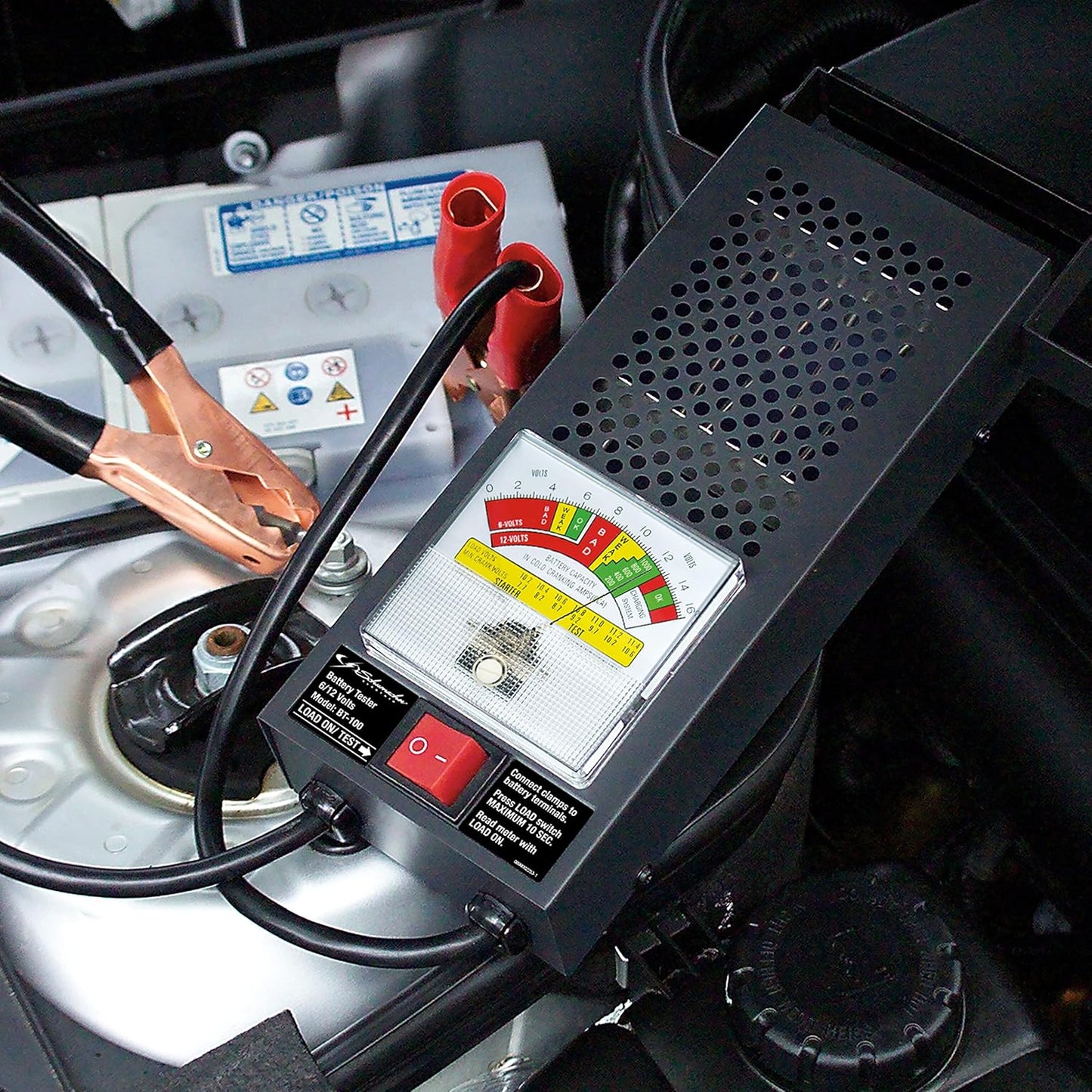 Schumacher Electric 100A Car Battery Load Tester and Voltmeter, for Batteries Up to 1000 Cranking Amps, Charging System Diagnosis, for 6V/12V Power Sport, Automotive, and Marine Batteries, BT-100