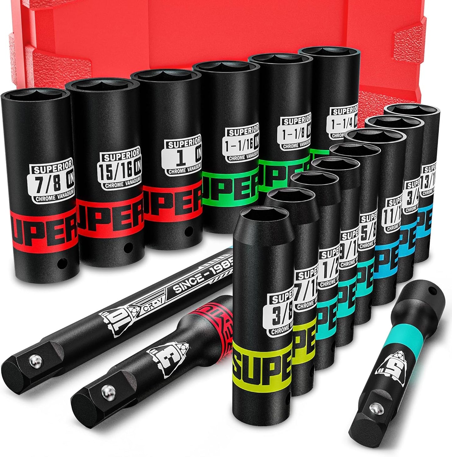 9 Piece 1" Drive Deep Impact Socket Set, 1 Inch - 2 Inch, SAE, 6-Point Design, Heavy Duty CR-MO, Truck Tire Service, Mechanical Equipment Maintance