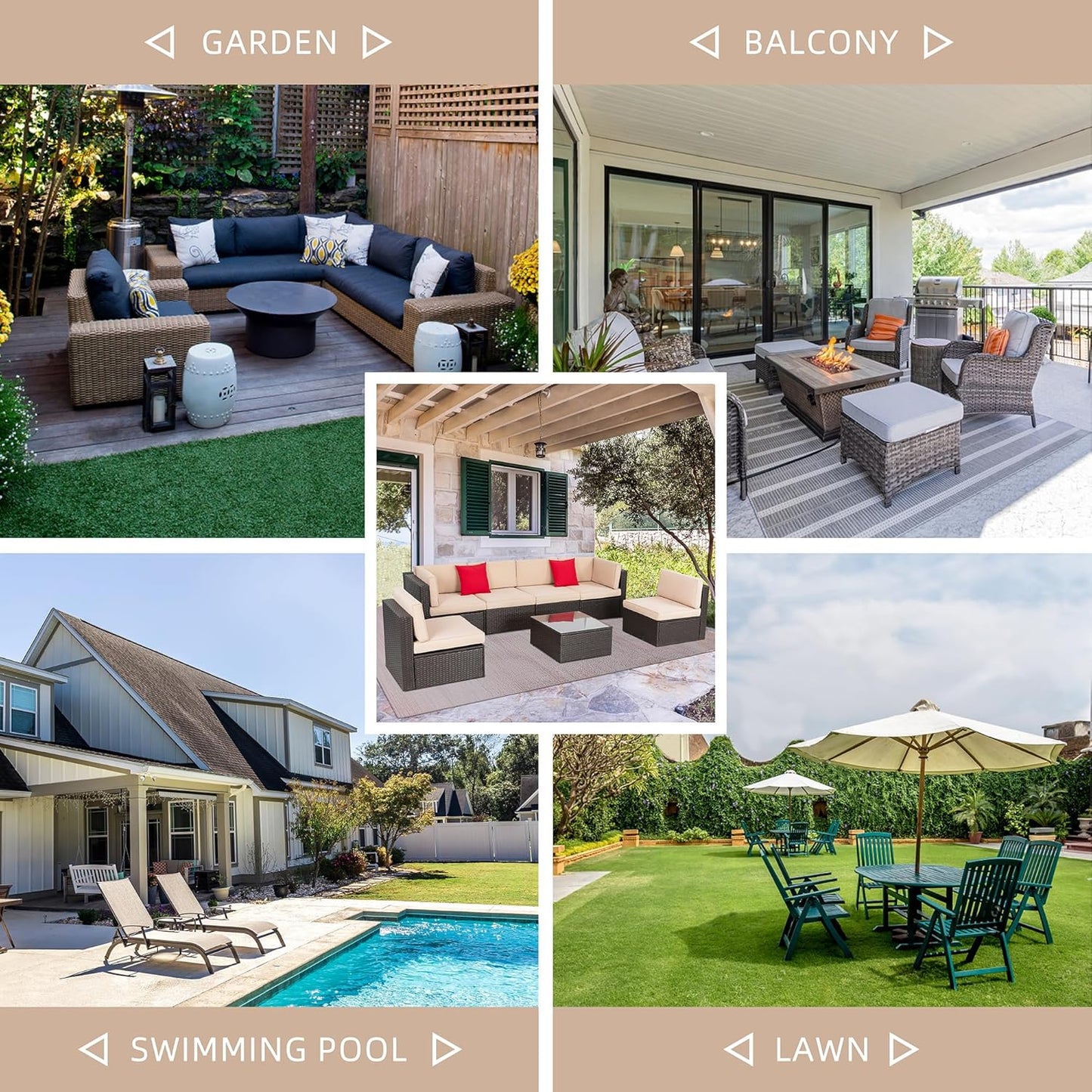 Shintenchi 7 Pieces Patio Furniture Sets Outdoor All-Weather Sectional Patio Sofa Set PE Rattan Manual Weaving Wicker Patio Conversation Set with Glass Table&Ottoman Cushion and Red Pillows, Beige