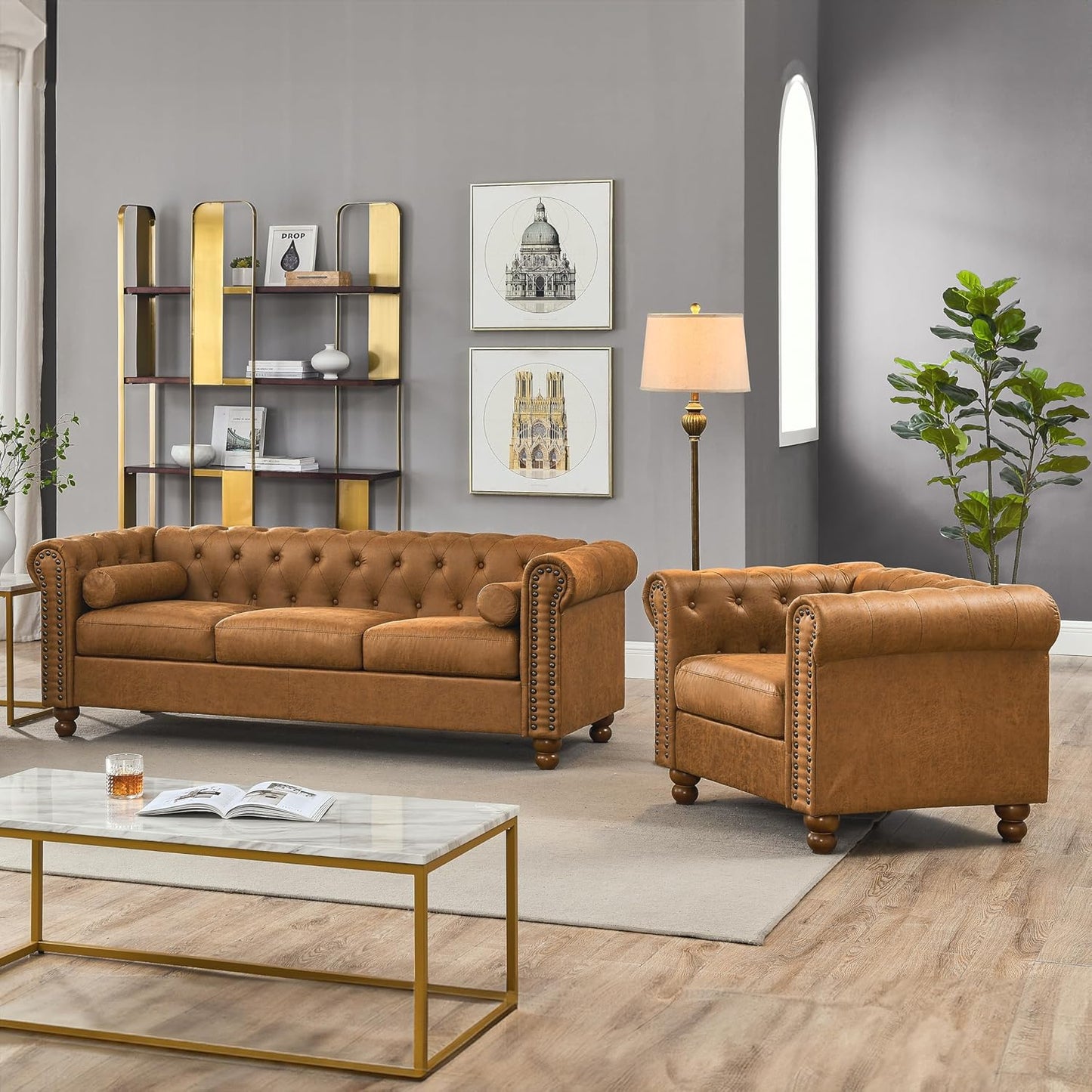 Rolled Arm Air Leather Club Chair Set of 2, 2-Piece Accent Chair Set for Living Room Small Apartment Office Décor