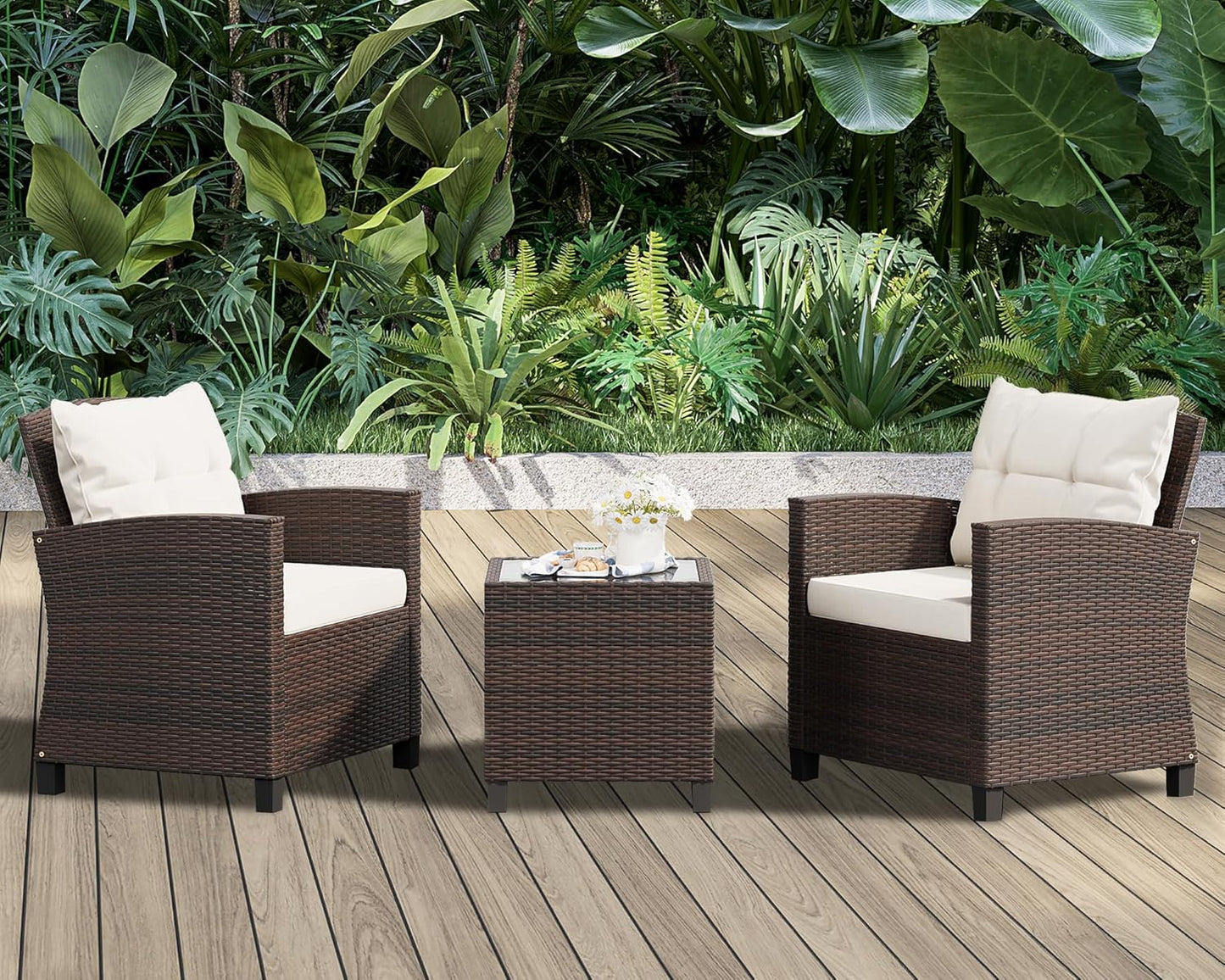 Shintenchi 3 Pieces Patio Furniture Set 3 Pieces PE Rattan Wicker Chairs with Table Outdoor Furniture for Backyard/Garden/Poolside/Outdoor Restaurant Brown Rattan with White Cushion