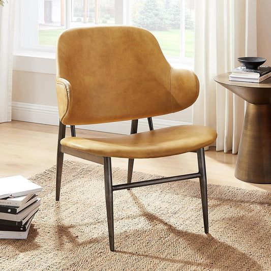 Art Leon Genuine Leather Accent Chair, Mid Century Modern Side Chair with Black Metal Frame, Upholstered Arm Chair for Living Room Bedroom, Light Brown