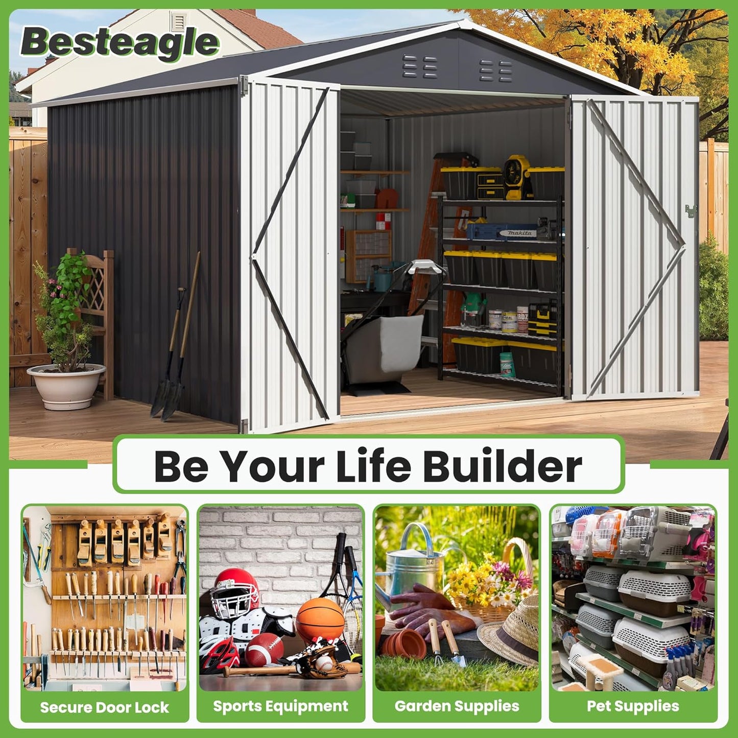 8x8 FT Outdoor Storage Shed, Utility Metal Tool Storage with Lockable Doors and Updated Frame Structure, Large Metal Garden Shed for Backyard, Patio Lawn, Black