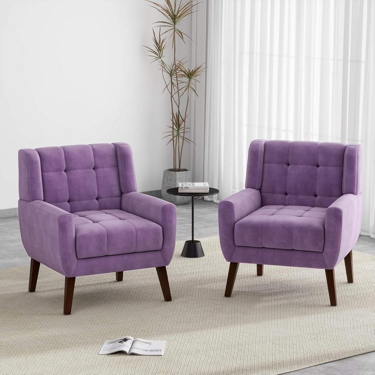 UIXE Accent Chairs Set of 2, Modern Upholstered Arm Chair in Fabric for Living Room, Comfy Armchair Single Sofa Seat with Solid Wooden Legs (Green)