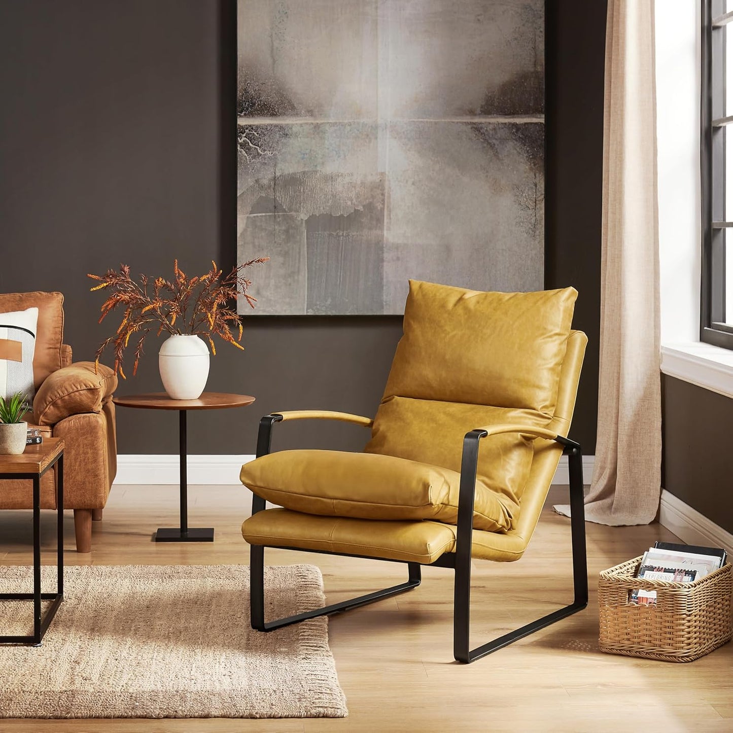 Art Leon Genuine Leather Accent Chair, Mid Century Modern Living Room Chair Lounge Chair with Black Metal Frame, Brown