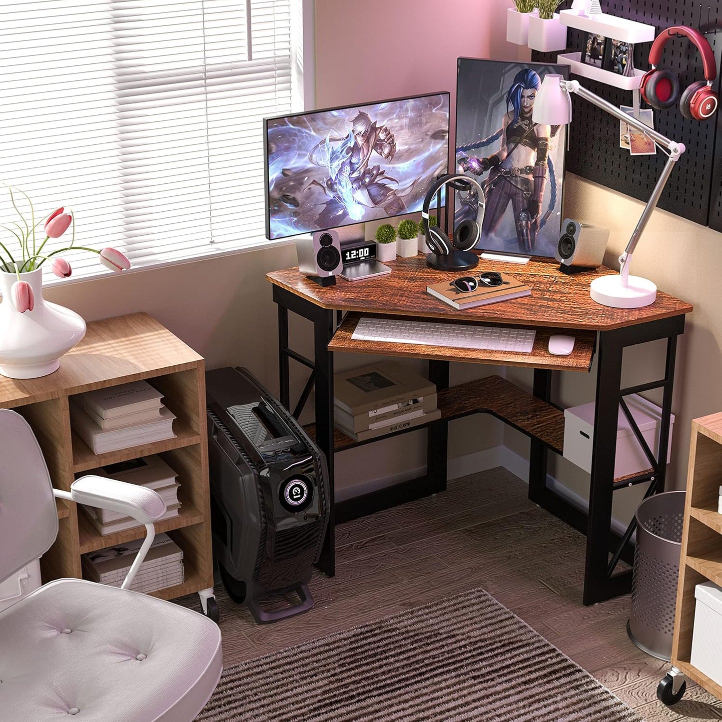 VECELO Corner Desk Computer Desk Writing Table with Smooth Keyboard Tray & Storage Shelves,Compact Home Office Triangle Table,Teak