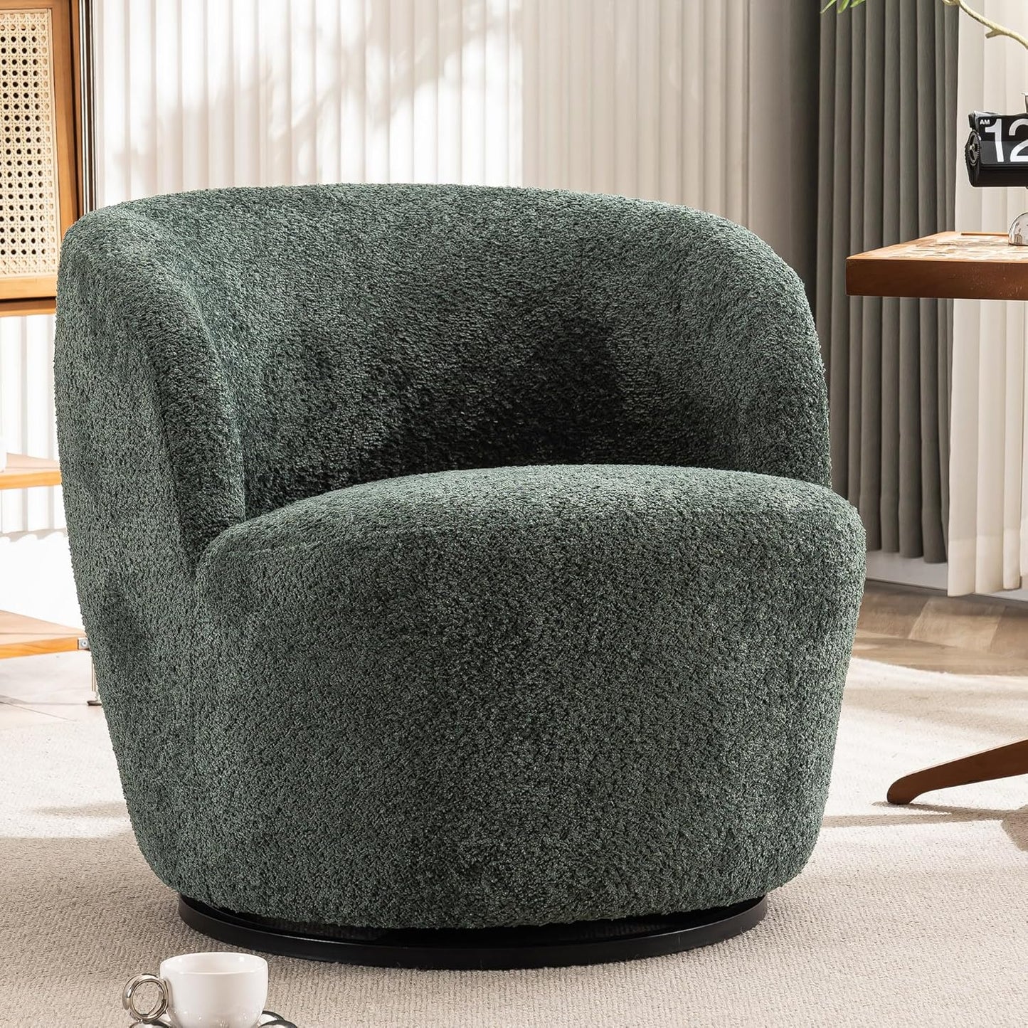 Rowill 30" Wide Swivel Barrel Accent Chair, Modern Upholstered Round Chairs with Curved Back and Soft Cushion, Boucle Fabric Padded Armchair Single Sofa for Living Room, Bedroom, Reading Room, Beige