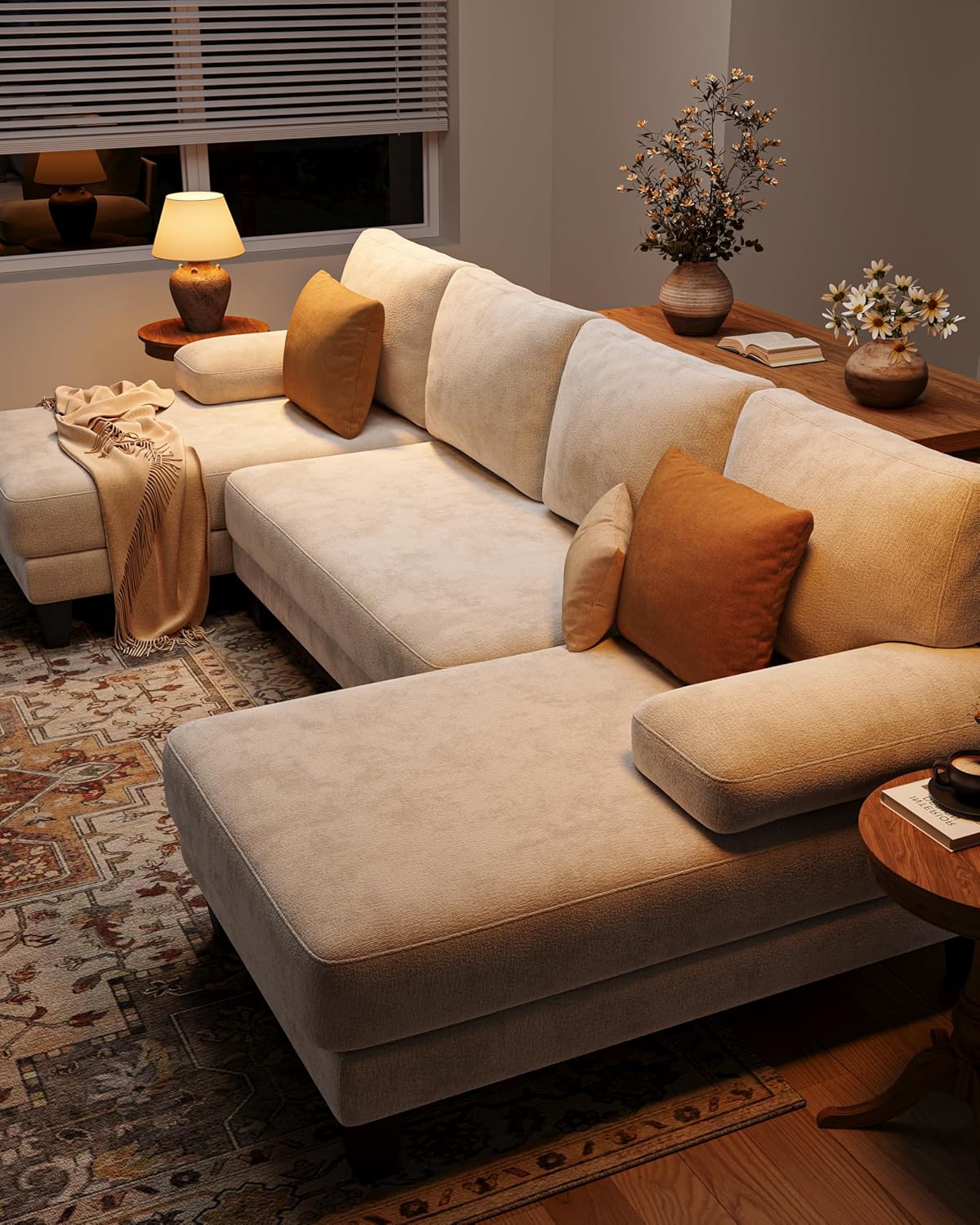 U-Shaped Sectional Couches for Living Room | 112 Inch Sectionals Couch | Beige Cheille Sofa with Double Chaise for Apartment