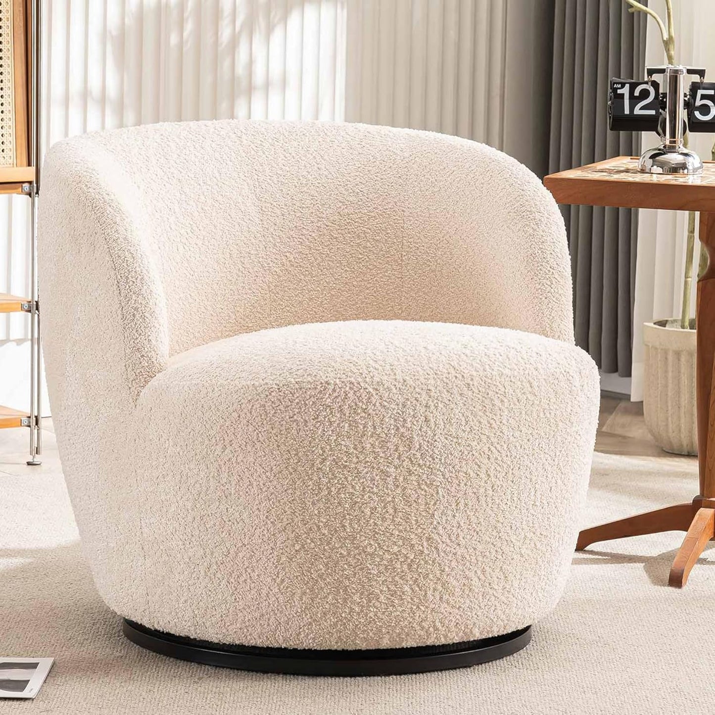 Rowill 30" Wide Swivel Barrel Accent Chair, Modern Upholstered Round Chairs with Curved Back and Soft Cushion, Boucle Fabric Padded Armchair Single Sofa for Living Room, Bedroom, Reading Room, Beige