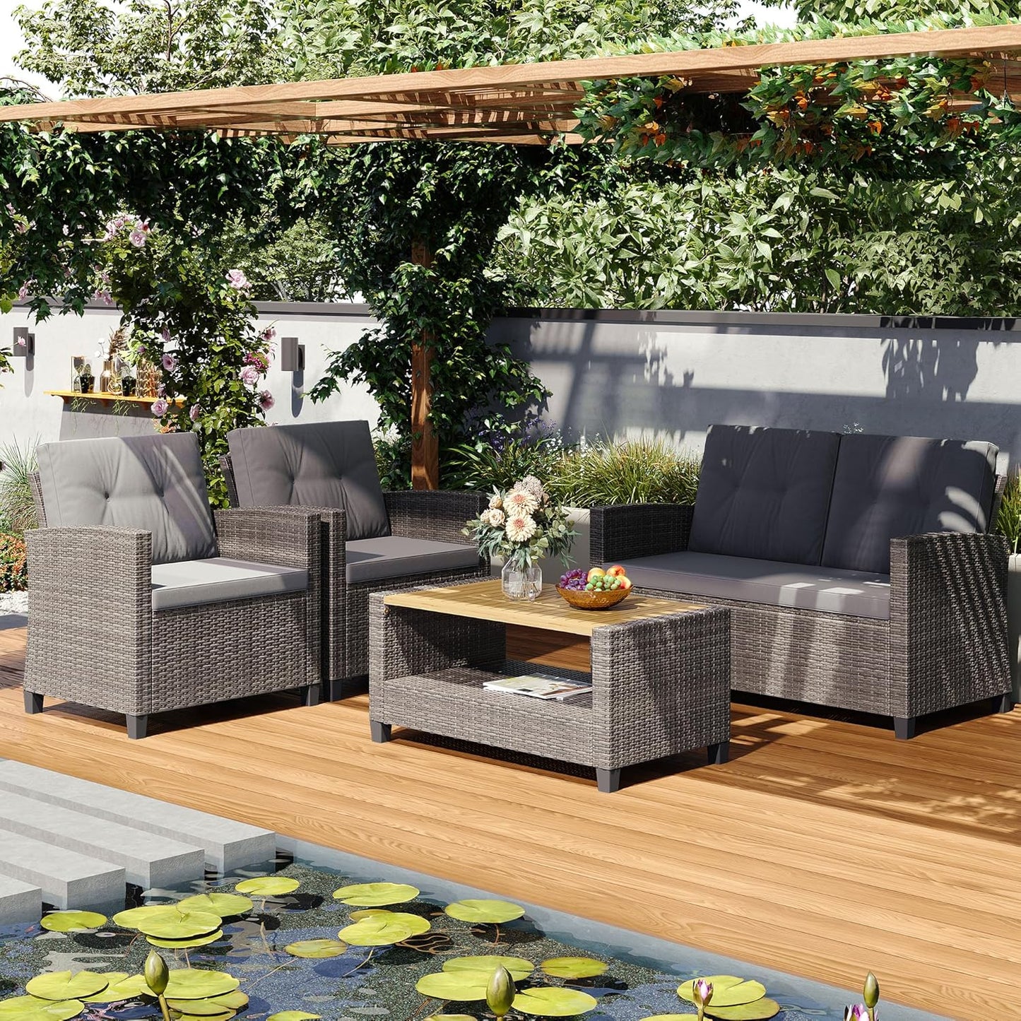 Wisteria Lane 4 Piece Patio Furniture Set, Wicker Outdoor Patio Conversation Furniture Set, All Weather Outdoor Patio Sofa with Cushion and Glass Table, Brown