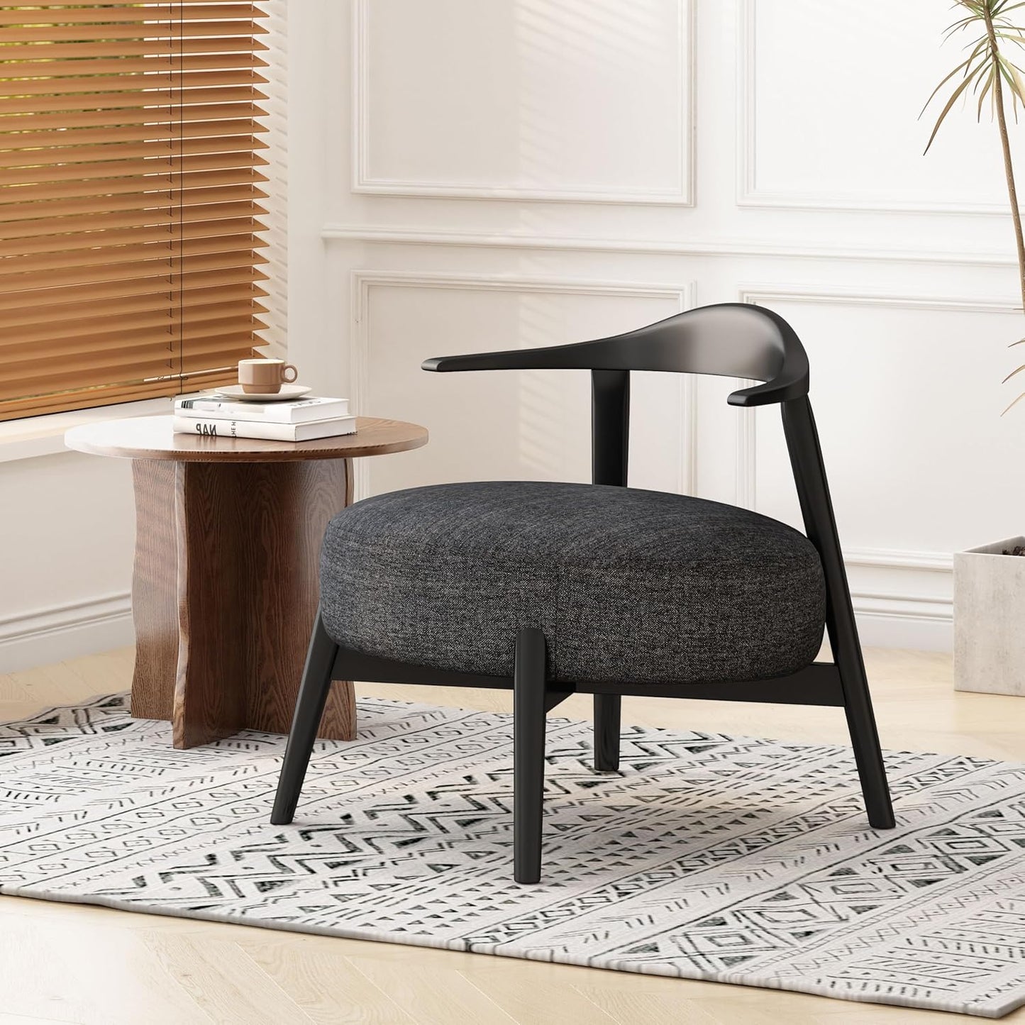 Christopher Knight Home Ipomoea Low Back Accent Chair, Living Room Lounge Chair, Comfy Chair for Bedroom, Wooden Side Chair with Armrest, Reading Chair with Soft Fabric Cushion, Beige+Black